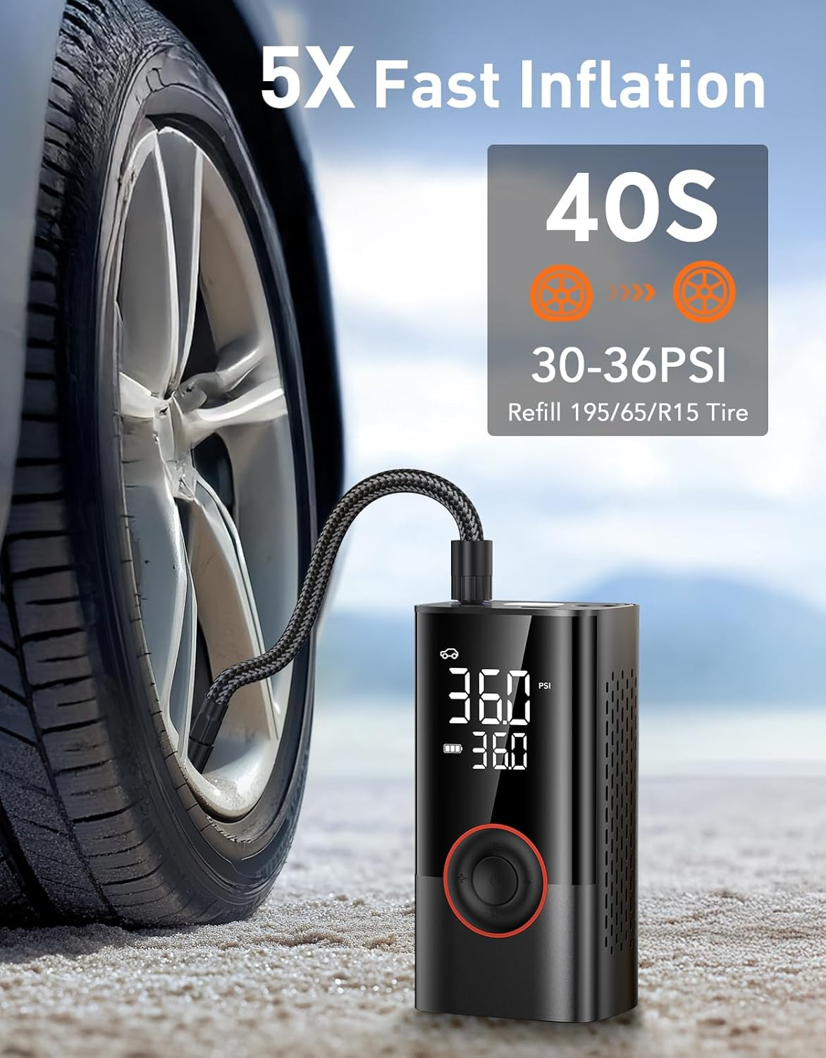 OMQ Tire Inflator Portable Air Compressor, 150PSI Smart Air Pump for Car Tires with LED Light, Cordless Tire Pump with Digital Pressure Gauge, Tire Inflator for Car, Bike, Motorcycle, Ball image number 5