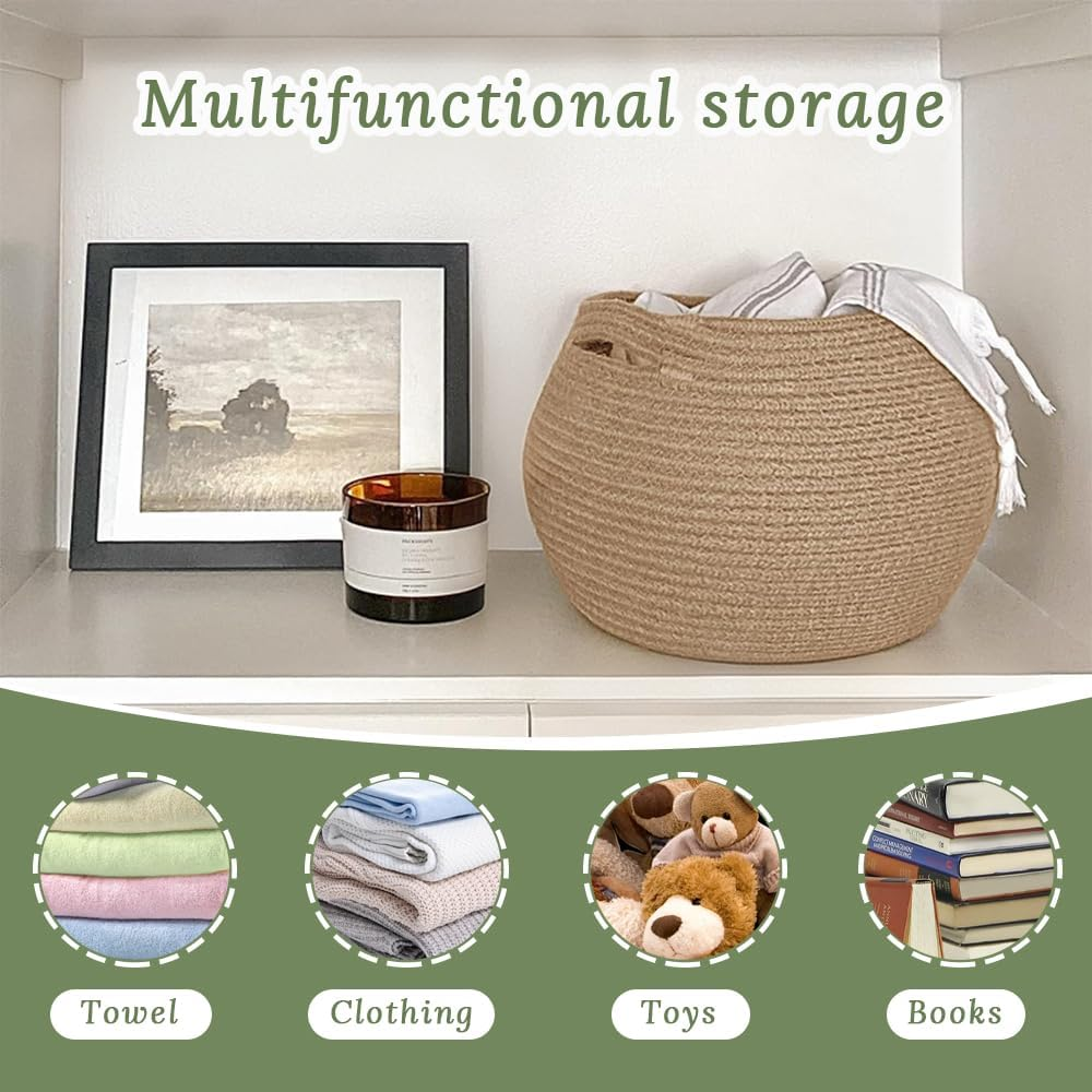 2-Pack round Cotton Rope Basket, Woven Dog Cat Toy Storage Box, Toy Storage Basket, Can Be Used to Store Toys, Clothes, Towels, Suitable for Nursery, Laundry, Bedroom, Bathroom, Closet Organization image number 5