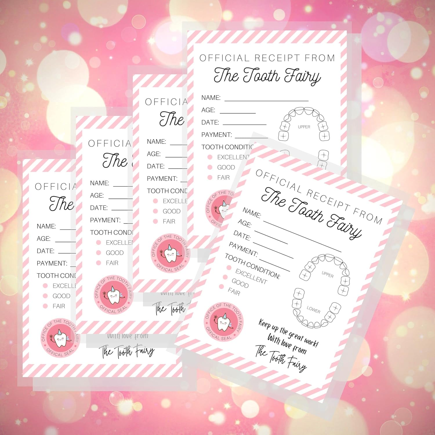 Tooth Fairy Receipt Cards with Pink Stripes | 40 Pack | 4.25X5.5" Inch Large Postcard Size Tooth Fairy Receipt for Lost Tooth Certificate for Kids to Add to Gold Coins under Pillow | White Card with Tooth Fairy Design Chart and Pink Stripes image number 1