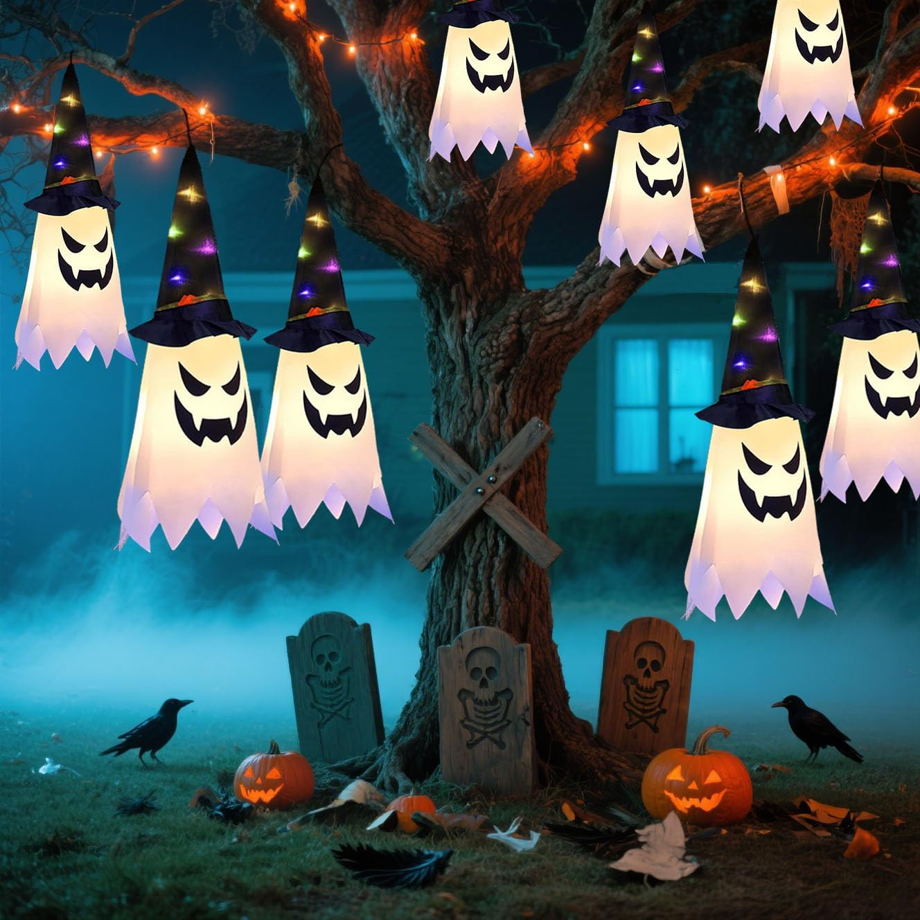 Kiimiipa 3 X Halloween Decorations Outdoor Indoor Decoration Ghost Hat Outdoor Decoration Hanging, Luminous Witch Hat Fairy Lights, Halloween Party Decoration Indoor Outdoor Trees Garden Patio (Style