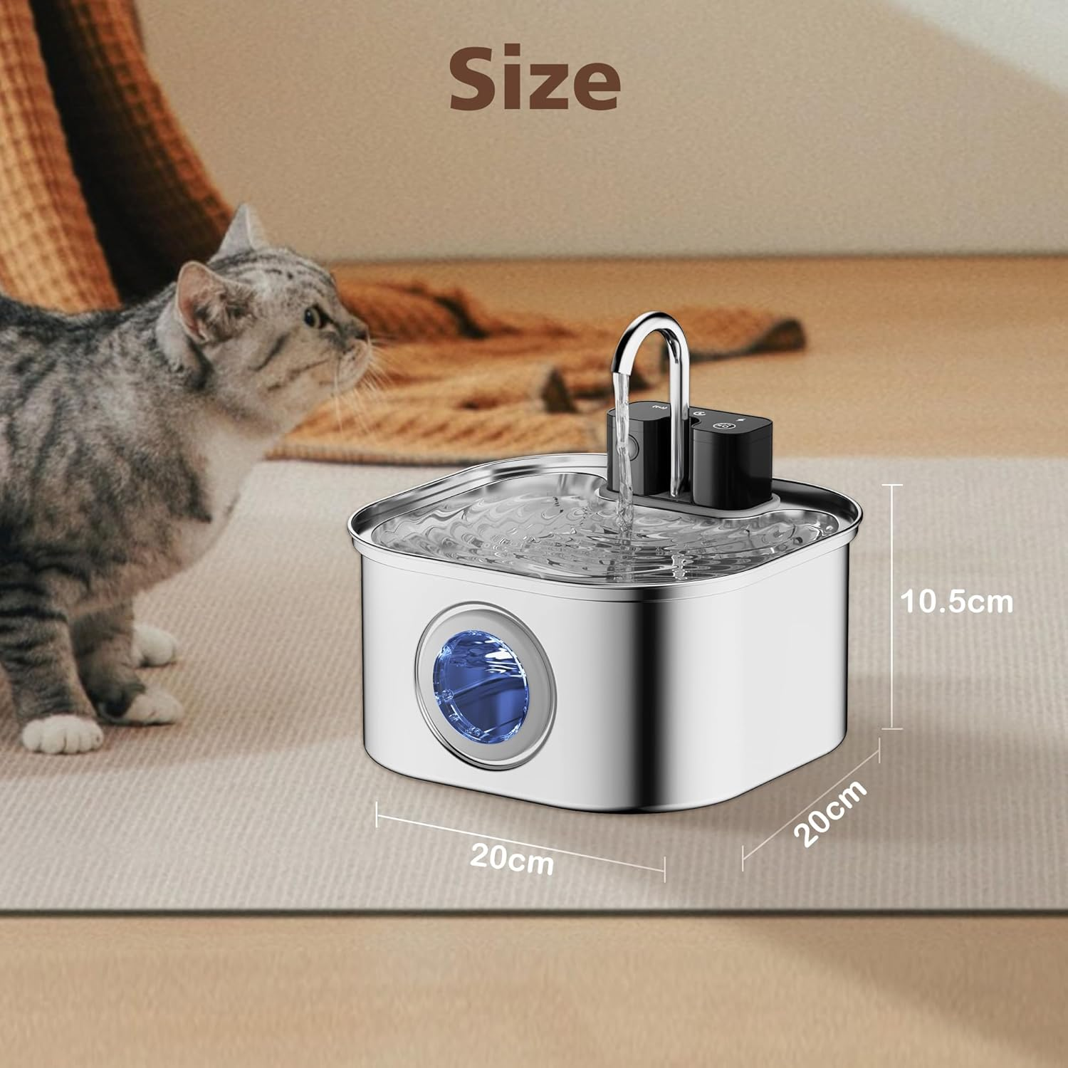 Cordless Cat Water Fountain Stainless Steel, 3.2L Automatic Wireless Pet Drinking Fountain Battery Operated with Water Level Window for Cats Dogs image number 6