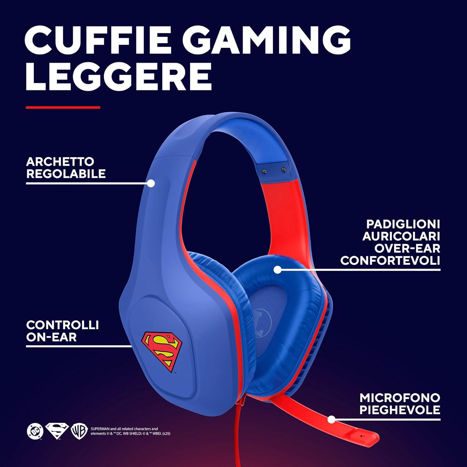 Gxtrust 415SM Zirox Superman Licensed Gaming Headset for PC Xbox PS4 PS5 Switch Mobile, 3.5Mm Jack, 50Mm Drivers, 2M Cable, Foldaway Microphone, Lightweight Over-Ear Wired Headphones, Blue/Red image number 1