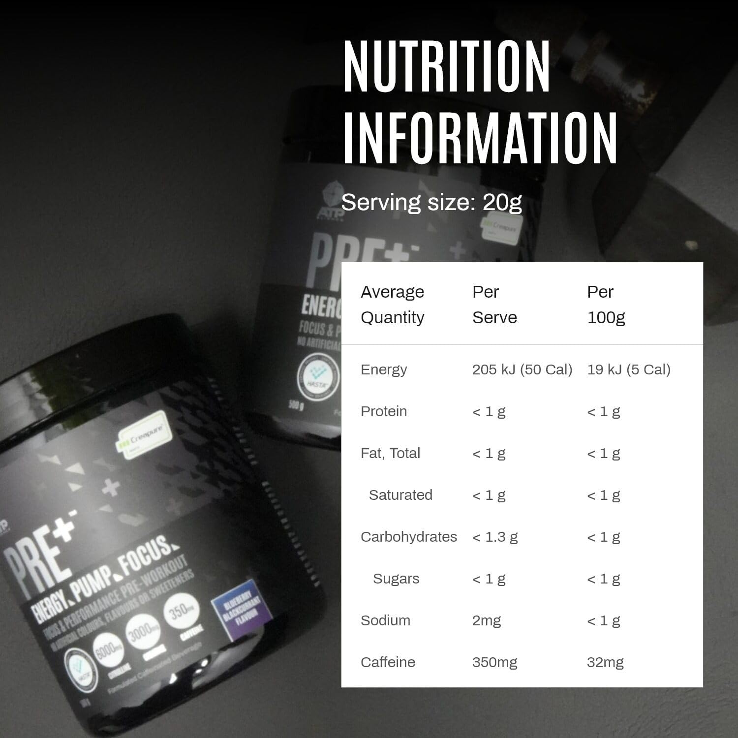 ATP Science Pre plus Preworkout Powder, Infused with Creapure Creatine Monohydrate, Caffeine Anhydrous, L-Citrulline Malate, No Artificial Colours and Flavours, Flavour - Blueberry Blackcurrant, 500G image number 2