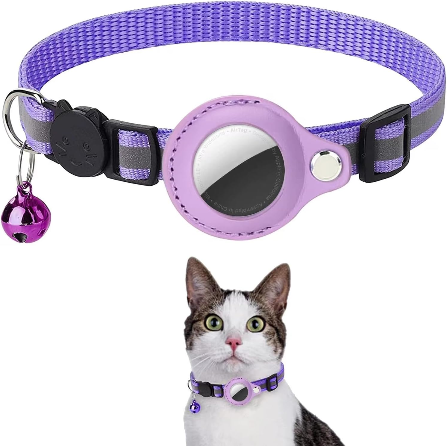 WAPSAT Airtag Cat Collar, Cat Collar with Bells, Reflective GPS Cat Collar, Cat Tracker Collar Cat Collar for Cats (Purple)