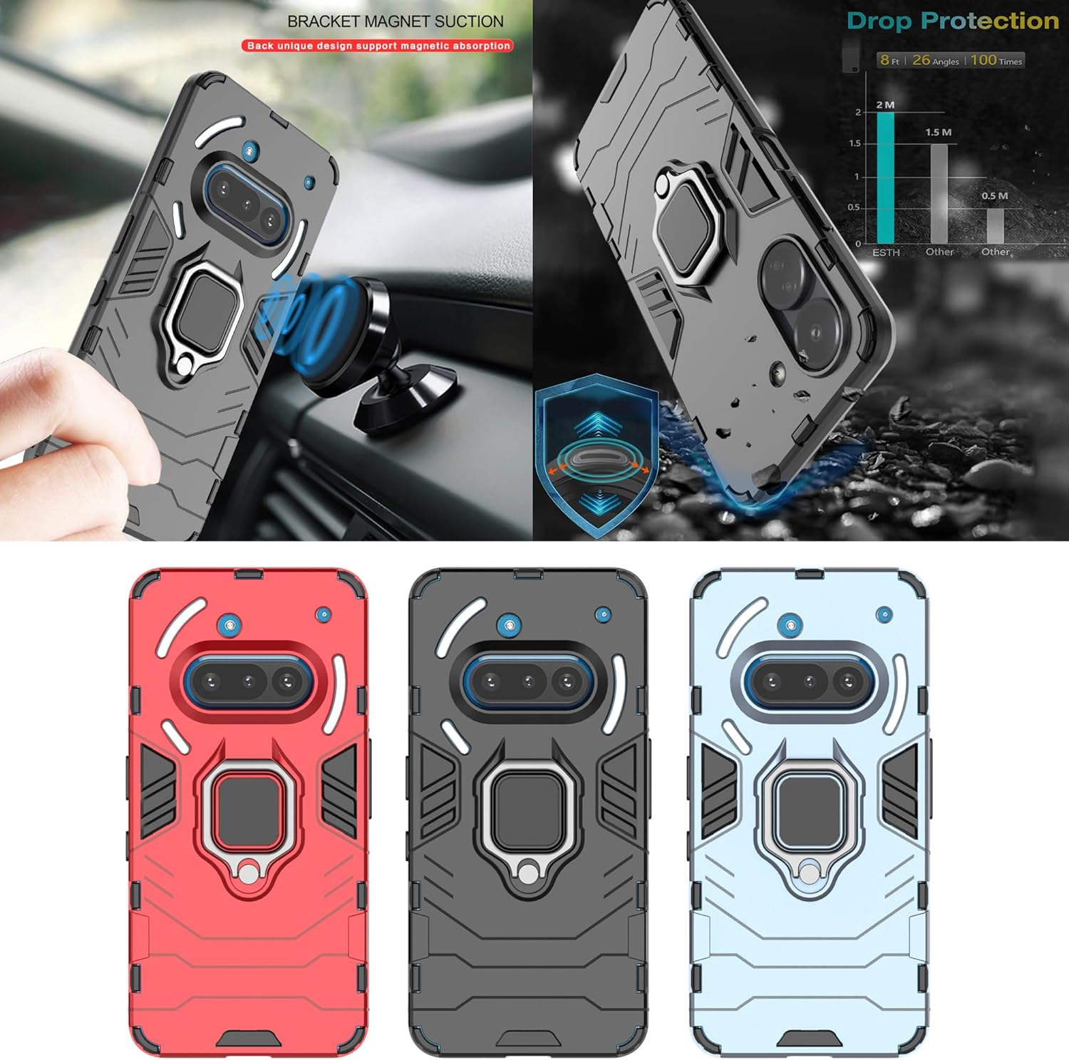 ESTH Compatible with Nothing Phone (3A) Case with 2 Pieces Protective Film [Durable] Ring Stand Case [For Mobile Phone Holder Car Magnet] Military Shockproof Mobile Phone Case, Black image number 3