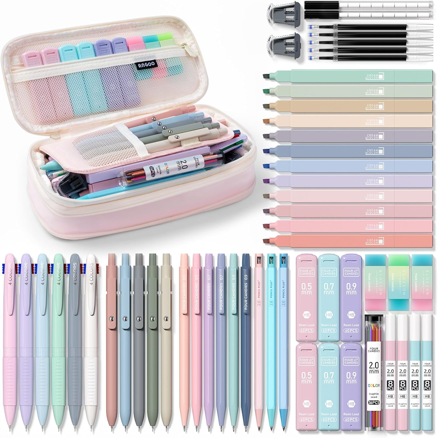 Four Candies 56 PCS Aesthetic School Supplies with Large Pencil Case, 6 Colored Ballpoint Pens, 12 Pastel Highlighters, 5 Black Ink Gel Pens, 9 Mechanical Pencils 0.5-2.0Mm Student Essentials (Green)
