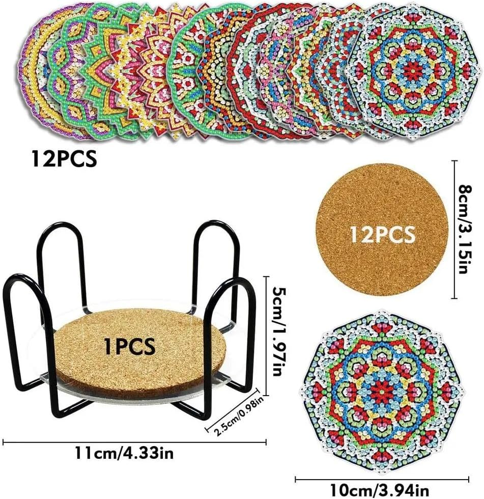 12Pcs 5D Diamond Painting Coasters round Mandala Medallion Coasters DIY Diamond Coasters Kit with Holder image number 2