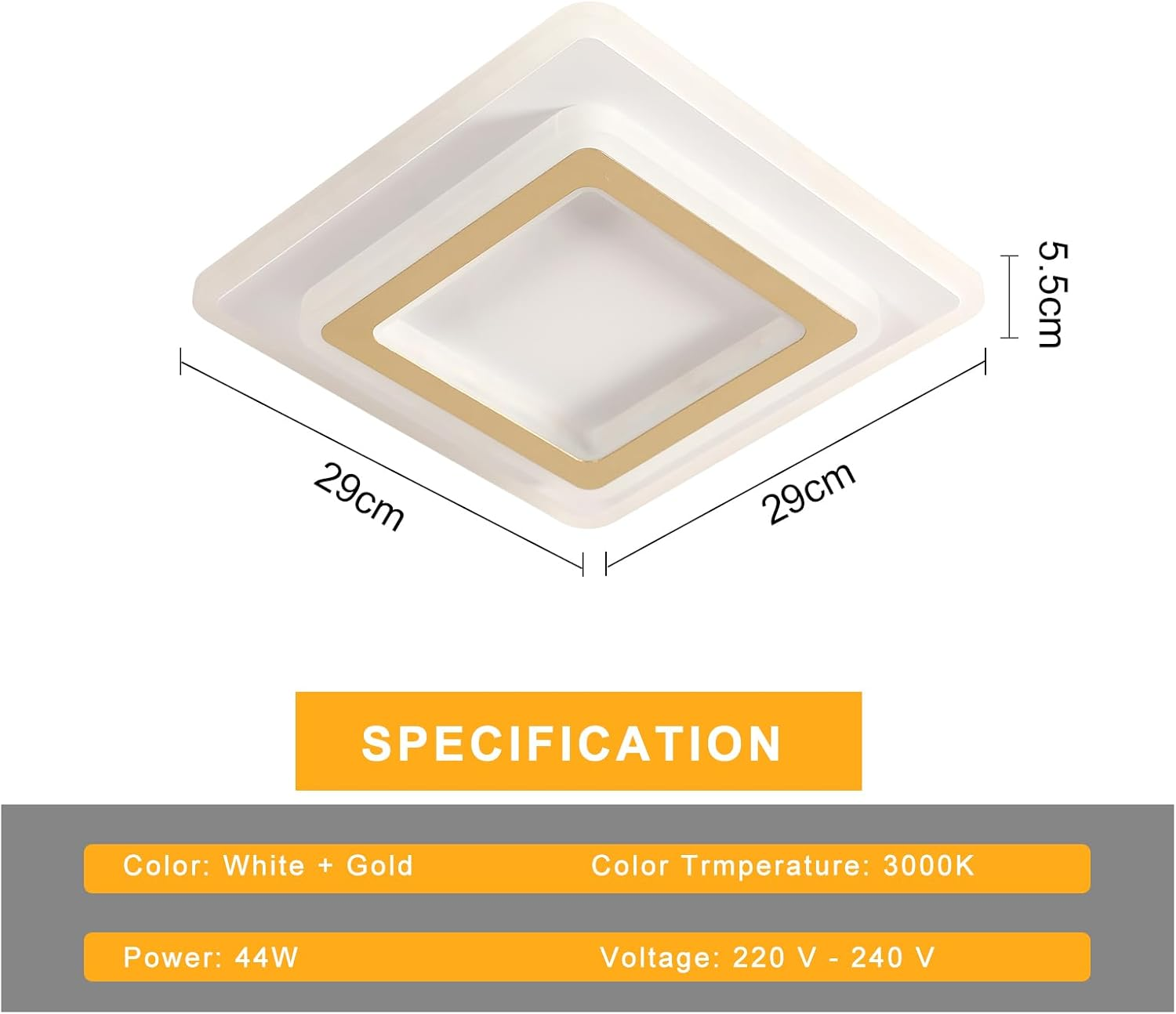 Modern Ceiling Lamp, 44W LED Ceiling Light Square Ceiling Light, Gold Acrylic Ceiling Light for Bedroom, Living Room, Dining Room, Hallway, Warm Light 3000K, Day 30 Cm image number 6