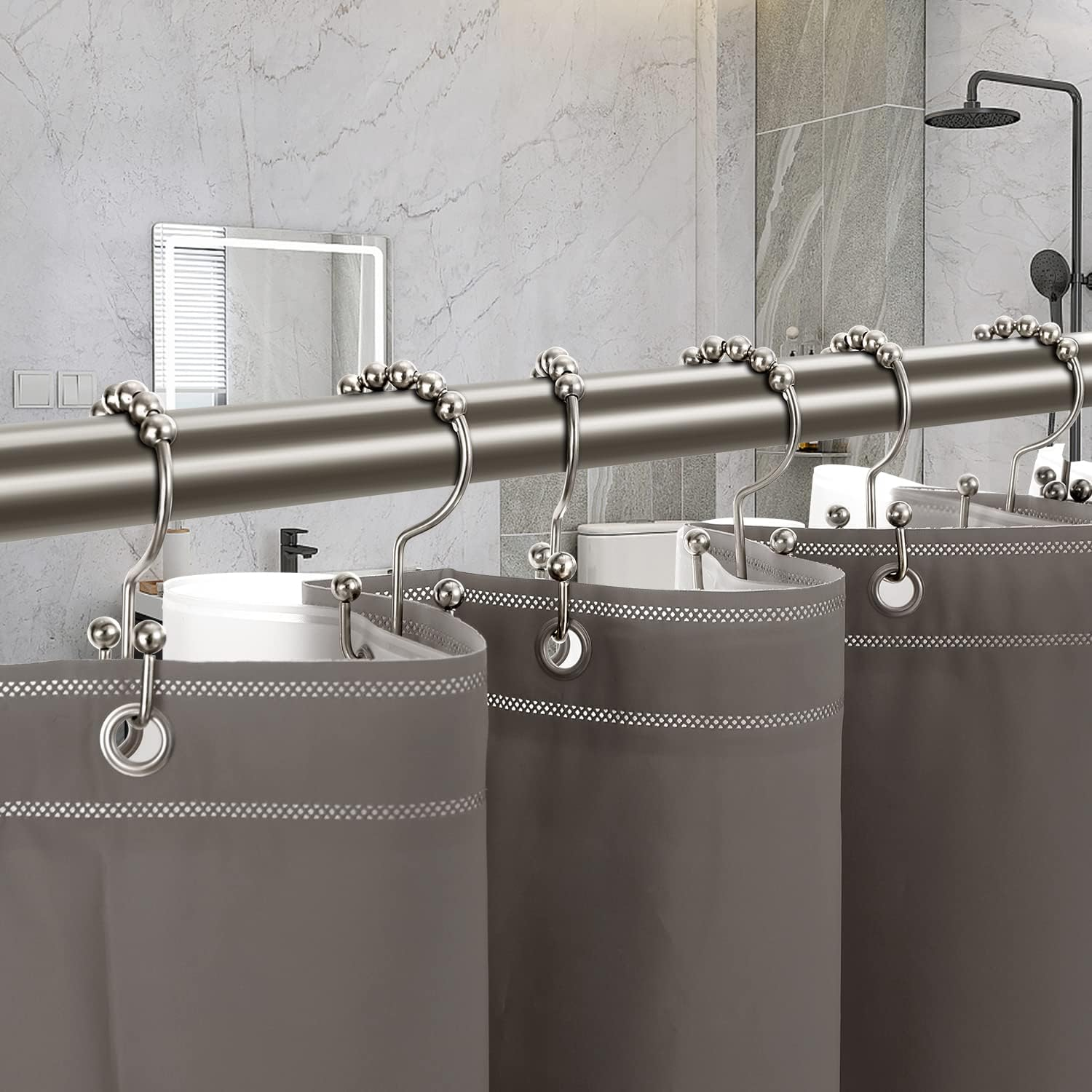 TENOVEL Never Rust 304 Stainless Steel Shower Rings, Heavy Duty Roller Double Glide Shower Curtain Hooks for Bathroom Shower Liners, Brushed Nickel, Set of 12 Hooks - Brushed Nickel image number 4