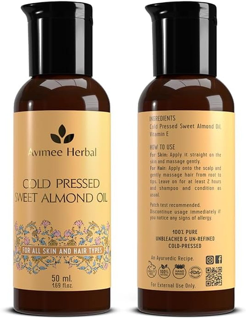 AVIMEE Herbalpure Cold Pressed Sweet Almond Oil | Fights Split Ends & Strengthens Hair | Enriched with Vitamin E | Mineral Oil Free | 50 ML image number 2