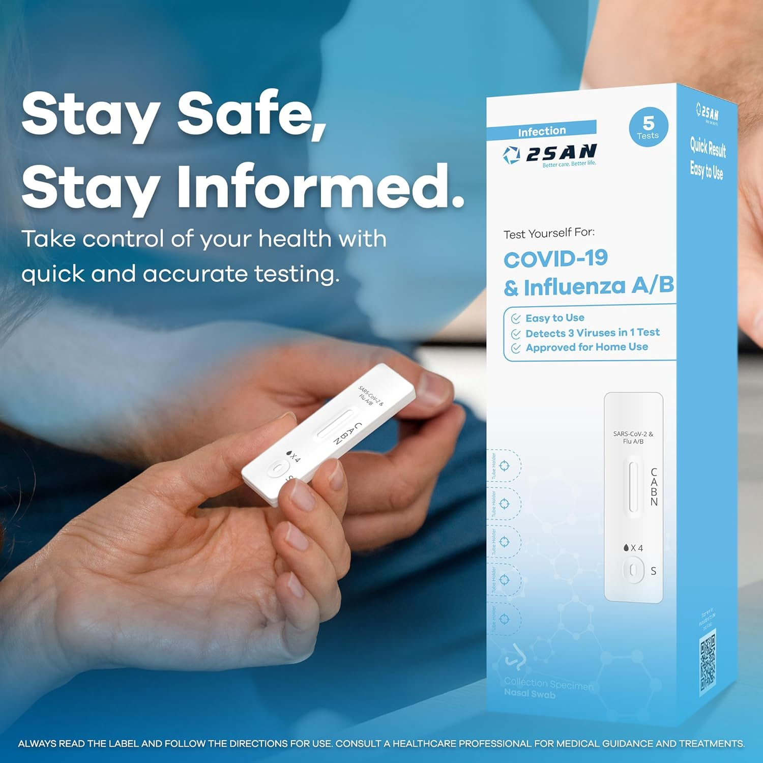 2San COVID-19 & Flu A/B Rapid Test, 15-Min Results, 5-Pack &ndash; Easy At-Home Antigen Test with Accurate Nasal Swab Detection for Reliable Self-Testing image number 6
