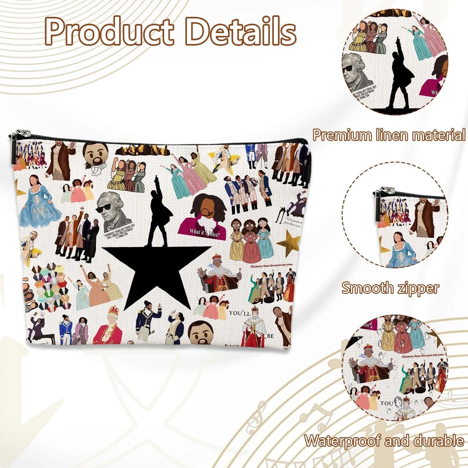 Hamilton Makeup Bag, Musical Cosmetic Bag, Portable Make up Bags for Women, Girls, Travel, Vacation, Hamilton Gifts for Musical Lovers image number 3