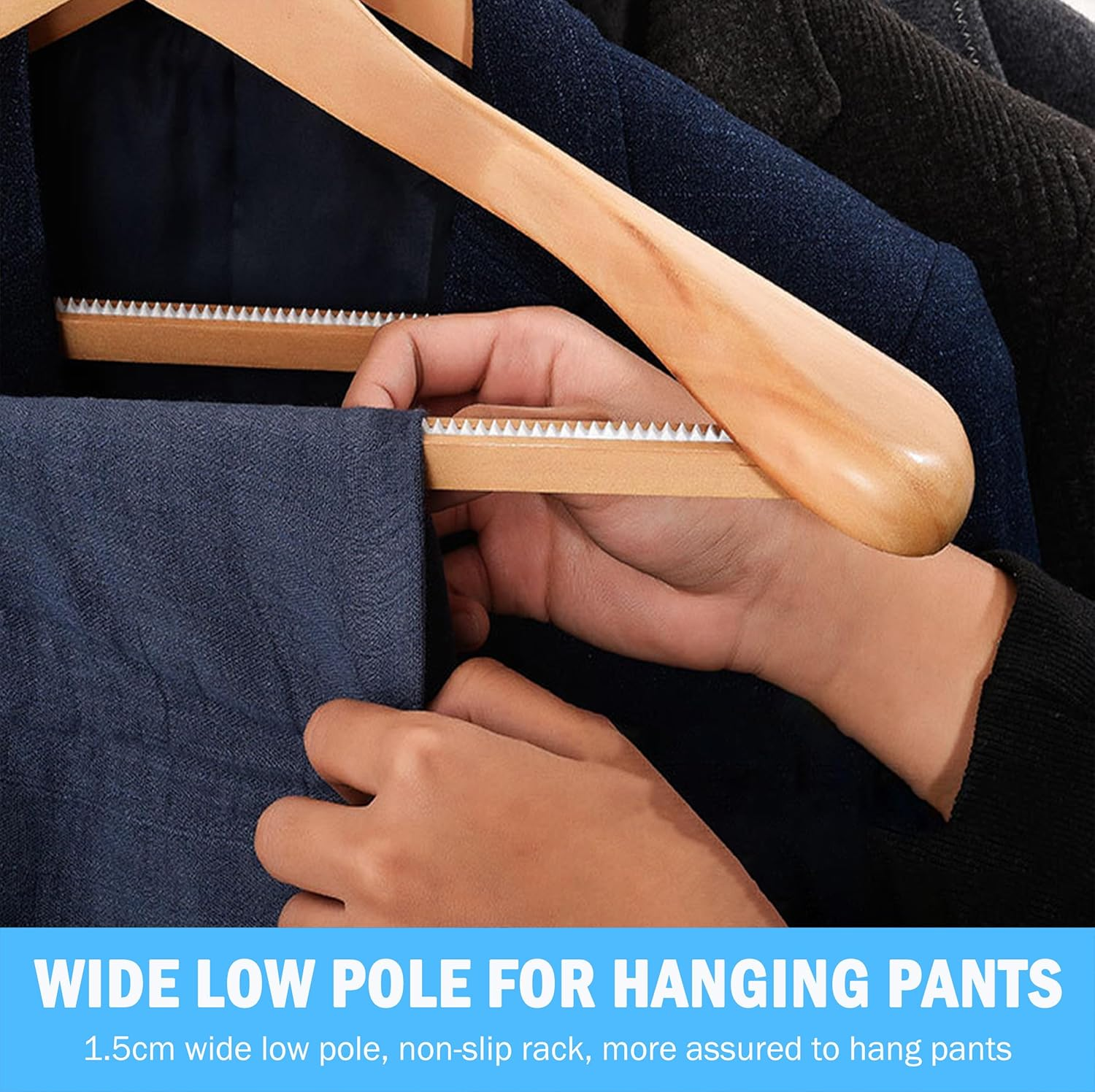 Wide Shoulder Wooden Suit Coat Hangers, 12 Pack Heavy Duty Wood Clothes Hangers with Non-Slip Bars, Smooth Finish and 360&deg; Swivel Hooks for Suit,Coat,Jacket,Pants (4) image number 2