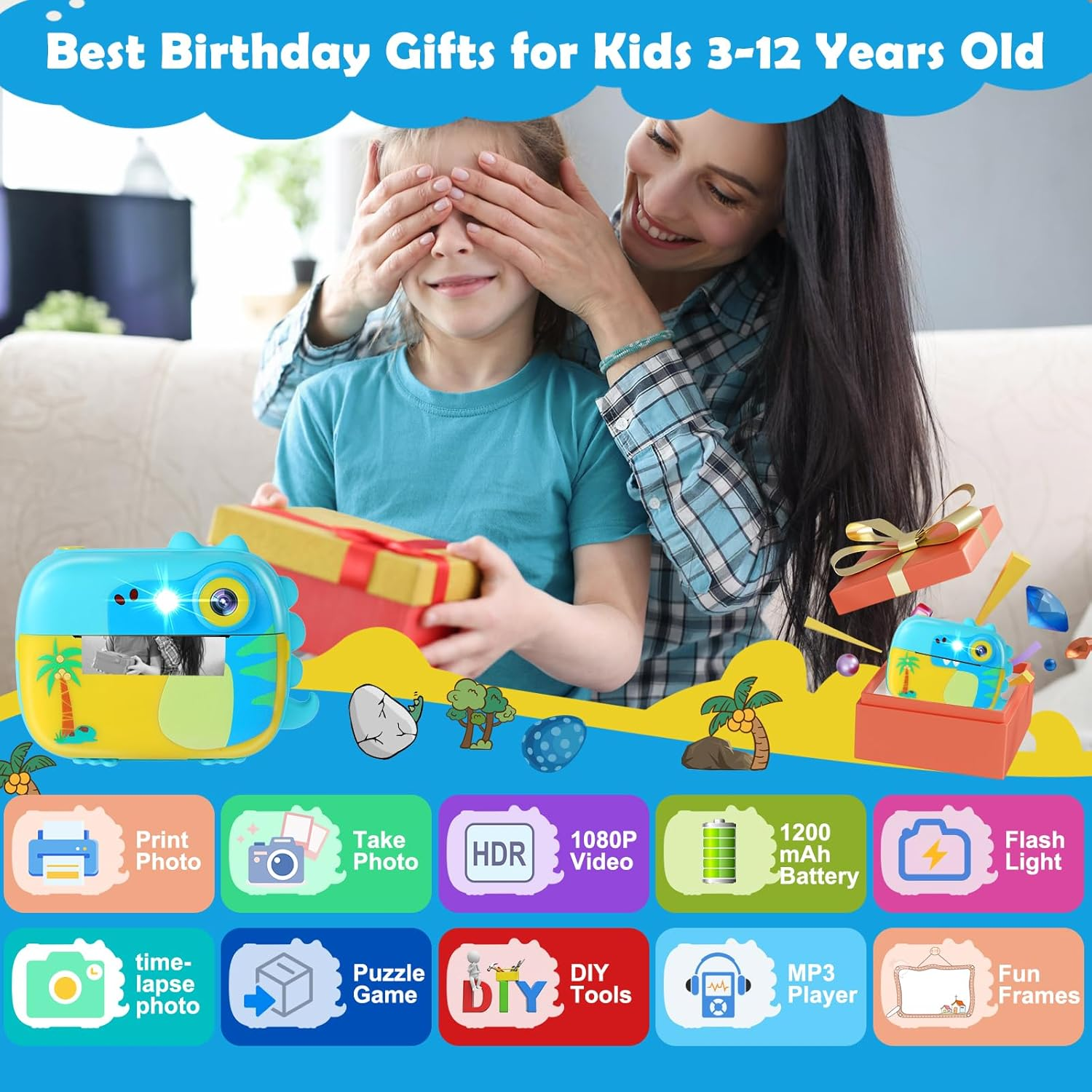 Kids Camera Instant Print,Children Digital Camera Toy with HD Video for Kids Aged 3-12,Christmas Birthday Festival Present for Girls Boys, 7 Rolls Instant Paper&32Gb Card,M3 - Blue image number 1