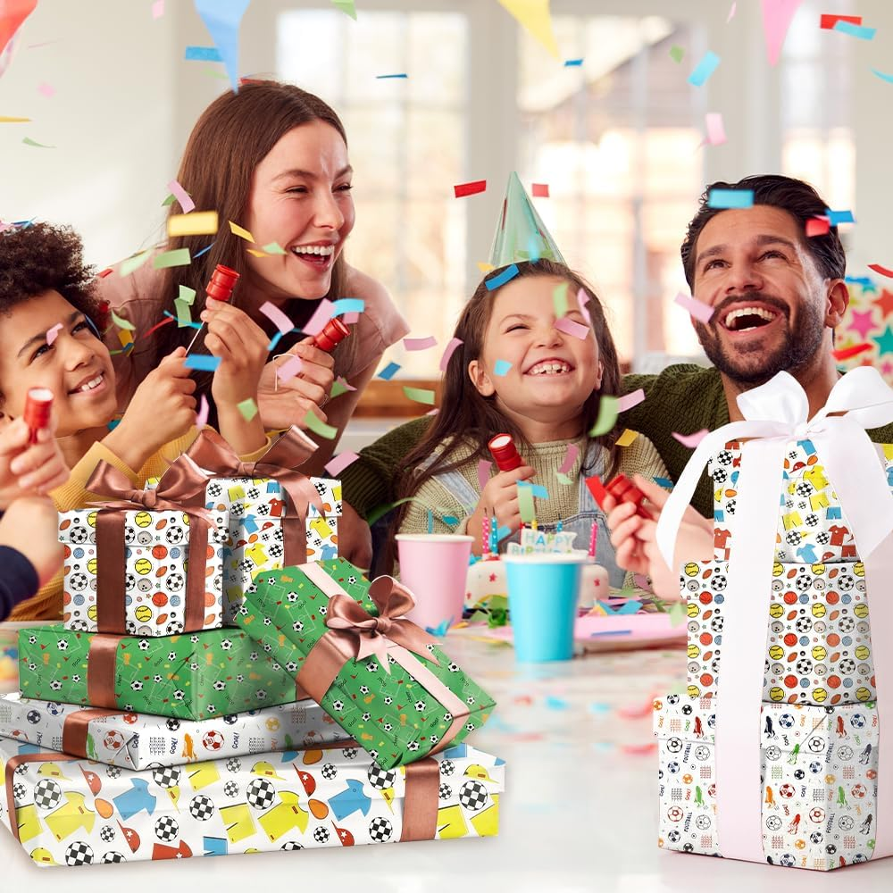 Soccer Wrapping Paper 12 Sheets Birthday 28X20In Folded Flat Gift Wra Paper 4 Style Football Sports Football Wrapping Papers Roll Sports Gift Wrap Paper for Boys image number 3