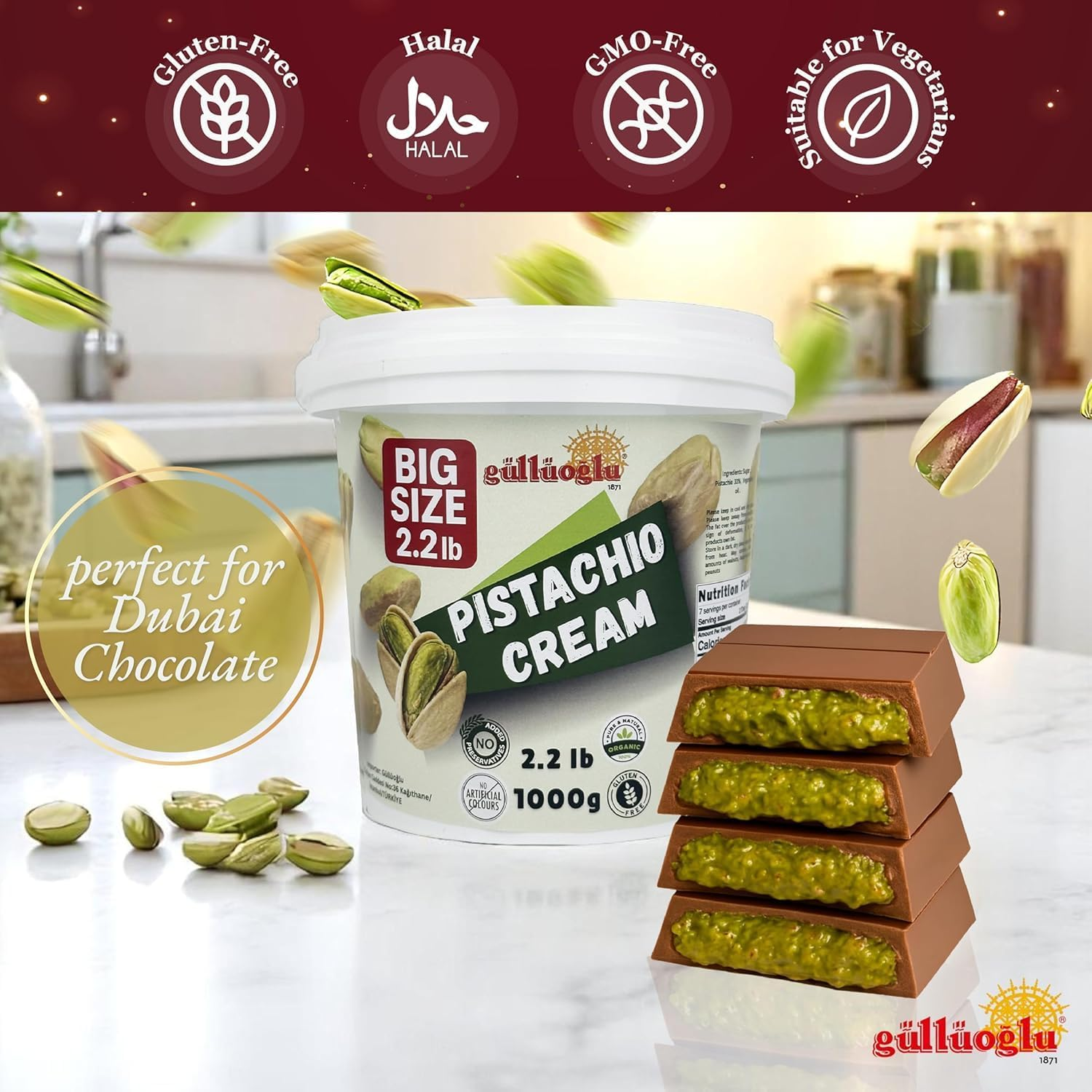 Gulluoglu Pistachio Cream BULK 1 KG, Pistachio Butter, Best for Dubai Chocolate, Turkish Premium Pistachios Cream Perfect Taste for Dubai Chocolate image number 5