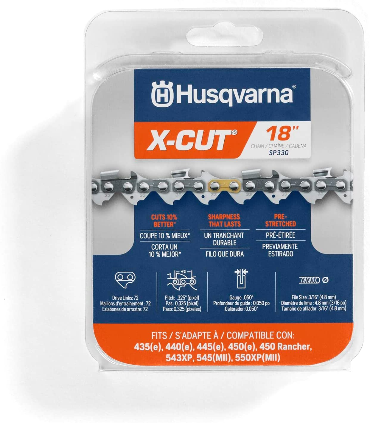 Husqvarna X-Cut SP33G 18 Inch Chainsaw Chain, 325" Pitch, 050" Gauge, 72 Drive Links, Pre-Stretched Chainsaw Blade Replacement with Superior Lubrication and Low Kickback, Gray image number 4