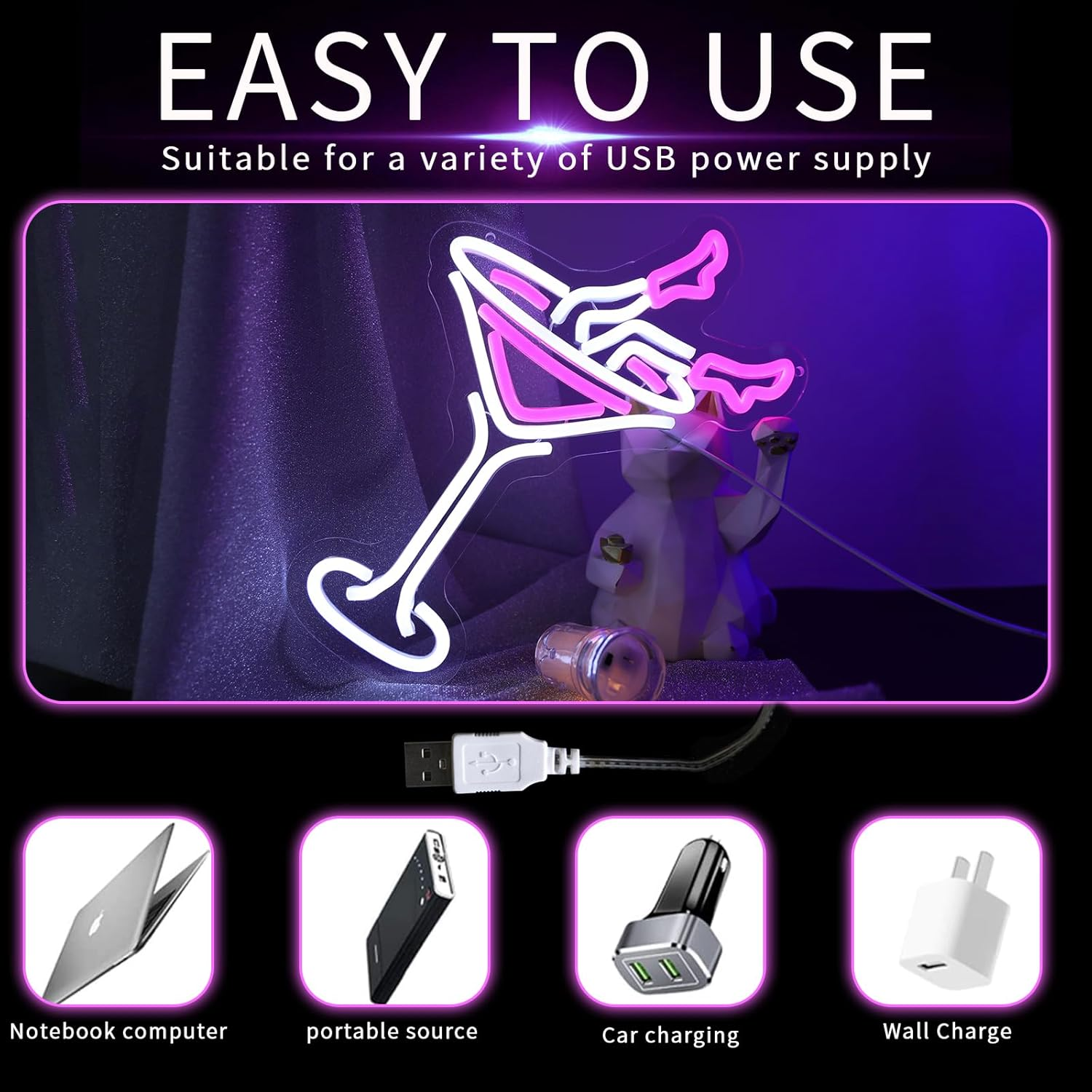 WIOSOUL Lady Cocktail Neon Sign Dimmable Bar Neon Light for Wall Decor 9.45X13.78 Inch LED Light Sign with USB Powered for Home Bar, Lounge, Party Pub (Cocktail) - Cocktail image number 5