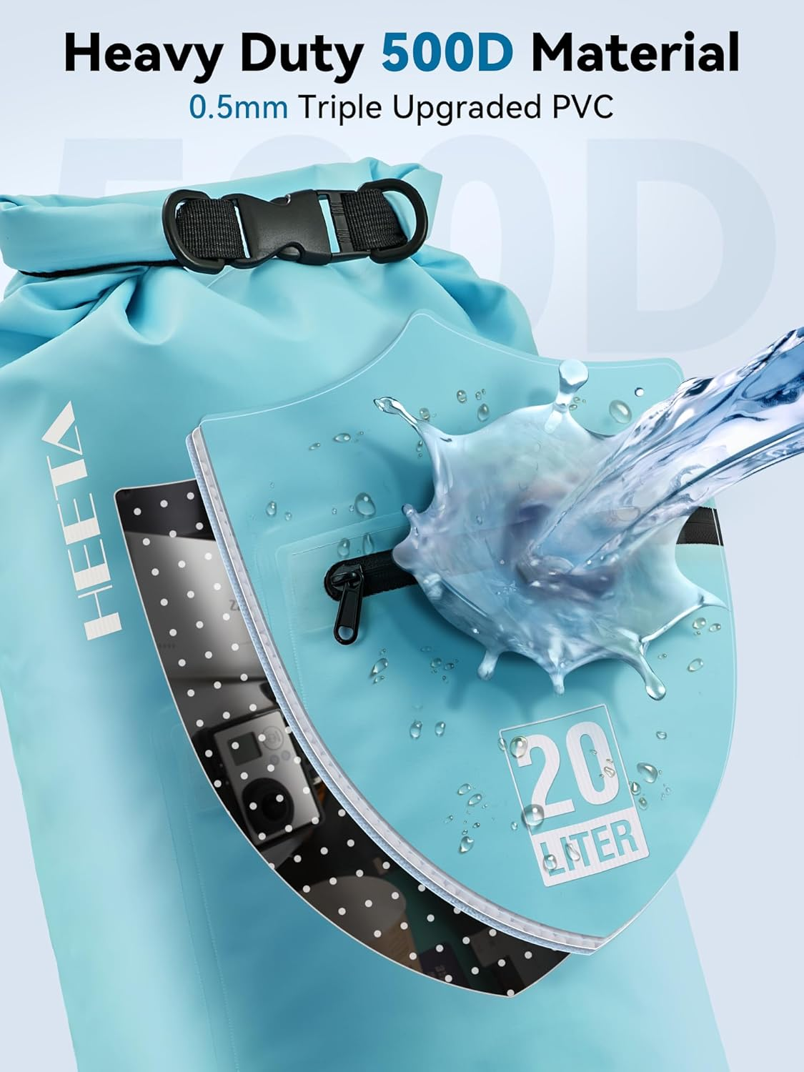 HEETA Waterproof Dry Bag with Front Zippered Pocket for Women Men, 5L/10L/20L/30L/40L Roll Top Lightweight Dry Storage Bag Backpack for Travel, Kayaking, Boating, Rafting, Camping, Beach (Blue, 10L) image number 5