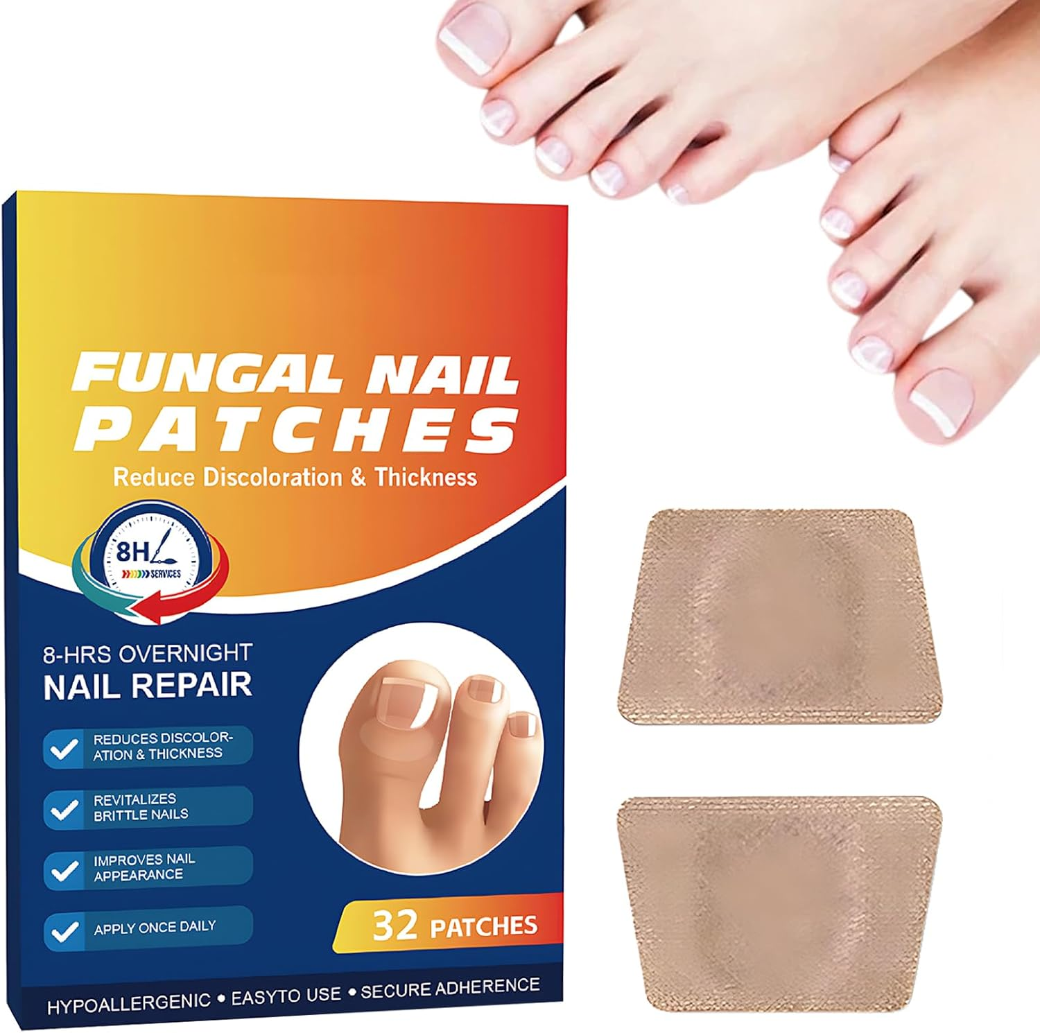 32 Pcs Fungal Nail Patches, Overnight Nail Repair Patches for Long-Term Fungal Toenail Treatment, Toenail Fungus Treatment for Healthy-Looking Nails