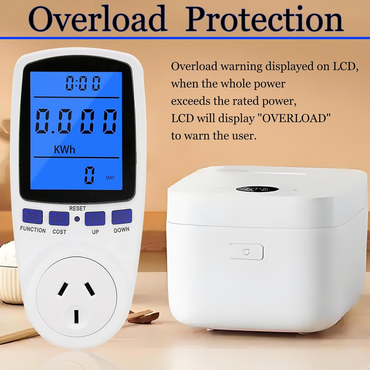 240V Electricity Usage Monitor Plug Power Watt Voltage Amps Meter with Backlight Digital LCD Display, Overload Protection and 7 Display Modes for Energy Saving, AU Plug image number 2