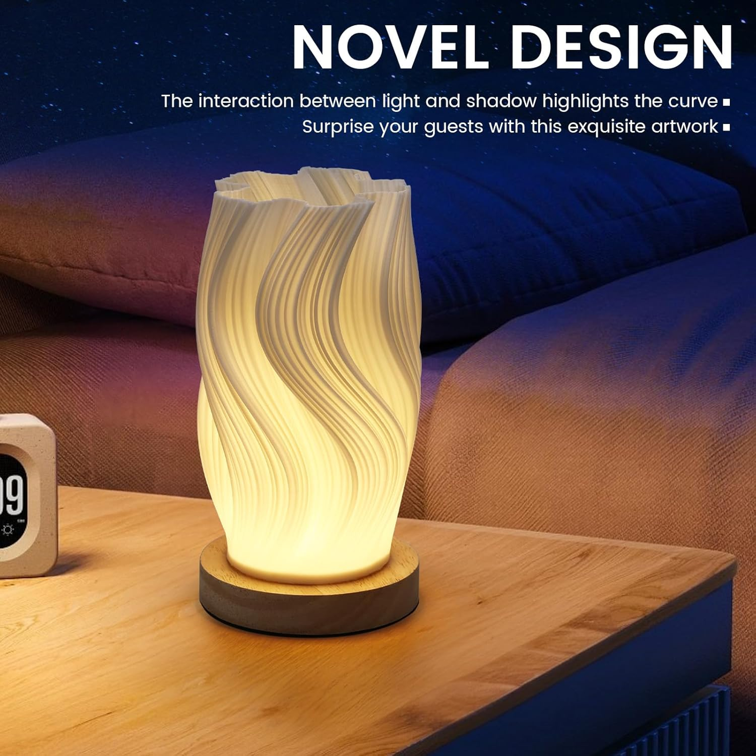 Table Bedside Lamp with Woodbase, Versatile Touch Control Table Lamp for College Dorm, Nightstand PLA Lampshade Living Room Bedroom (Black) image number 3