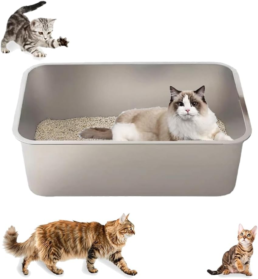 Stainless Steel Cat Litter Box,15.8 X 11.8 X 3.94 in Metal High-Sided Litter Pan, Non-Stick & Odor-Free, Easy to Clean Indoor Pet Toilet for Cats, Kittens & Rabbits