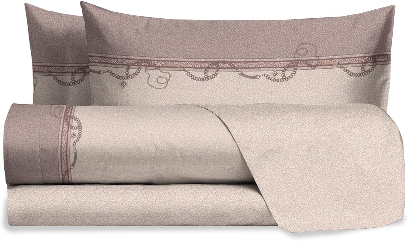 Hermet Laura Biagiotti Double Bed Linen Set, Cotton Patterned Bed Set, 100% Cotton, Top Sheet + Fitted Sheet + Pair of Pillowcases, Teia Cloud