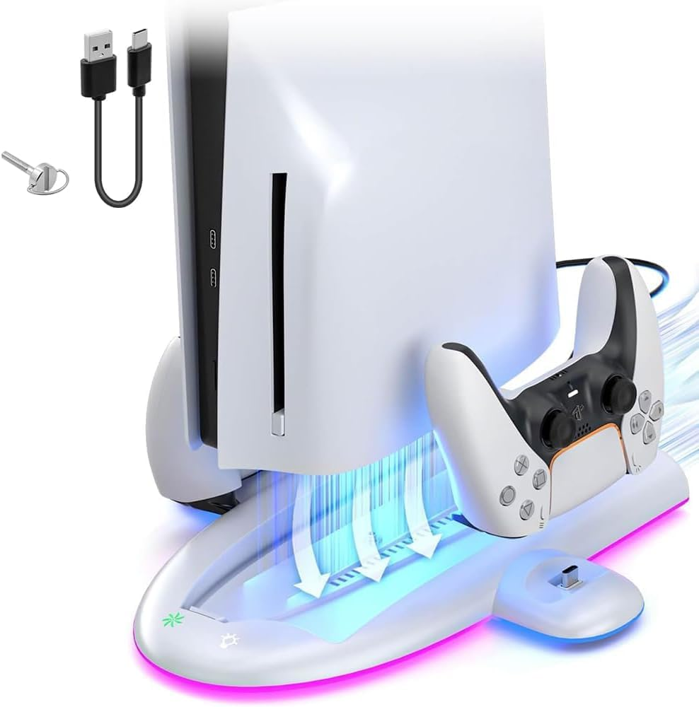 Cooling Fan Stand Compatible with PS5 Slim Console Digital/Disc - Controller Charger with 9 RGB Lights image number 1