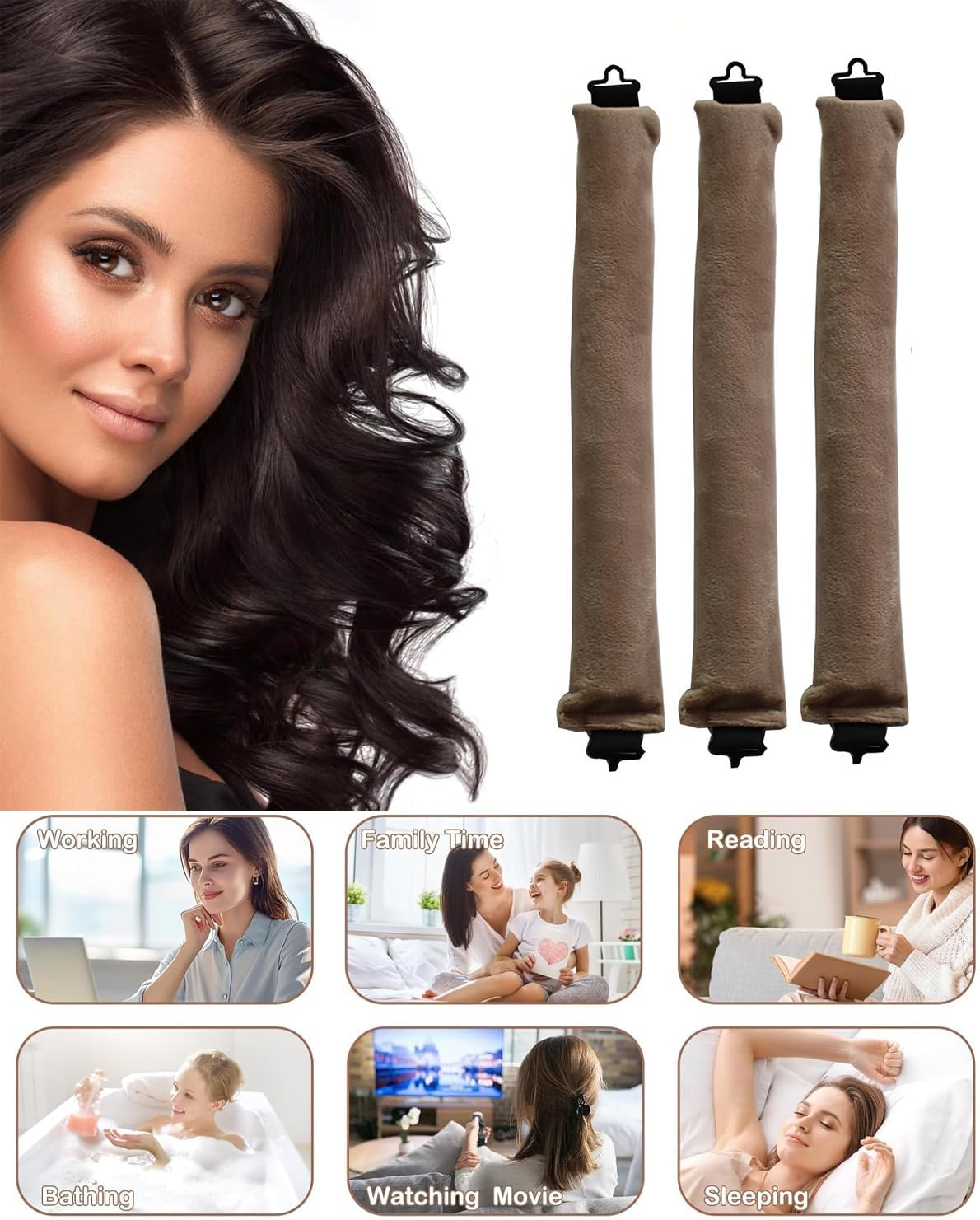 YOCDNOV Pack of 3 Heat-Free Curlers, Flexi Rods with Hooks, Heat-Free Curling Iron for All Hair Types, Hair Rollers for Sleeping, for All Hair Types (Light Brown) image number 2