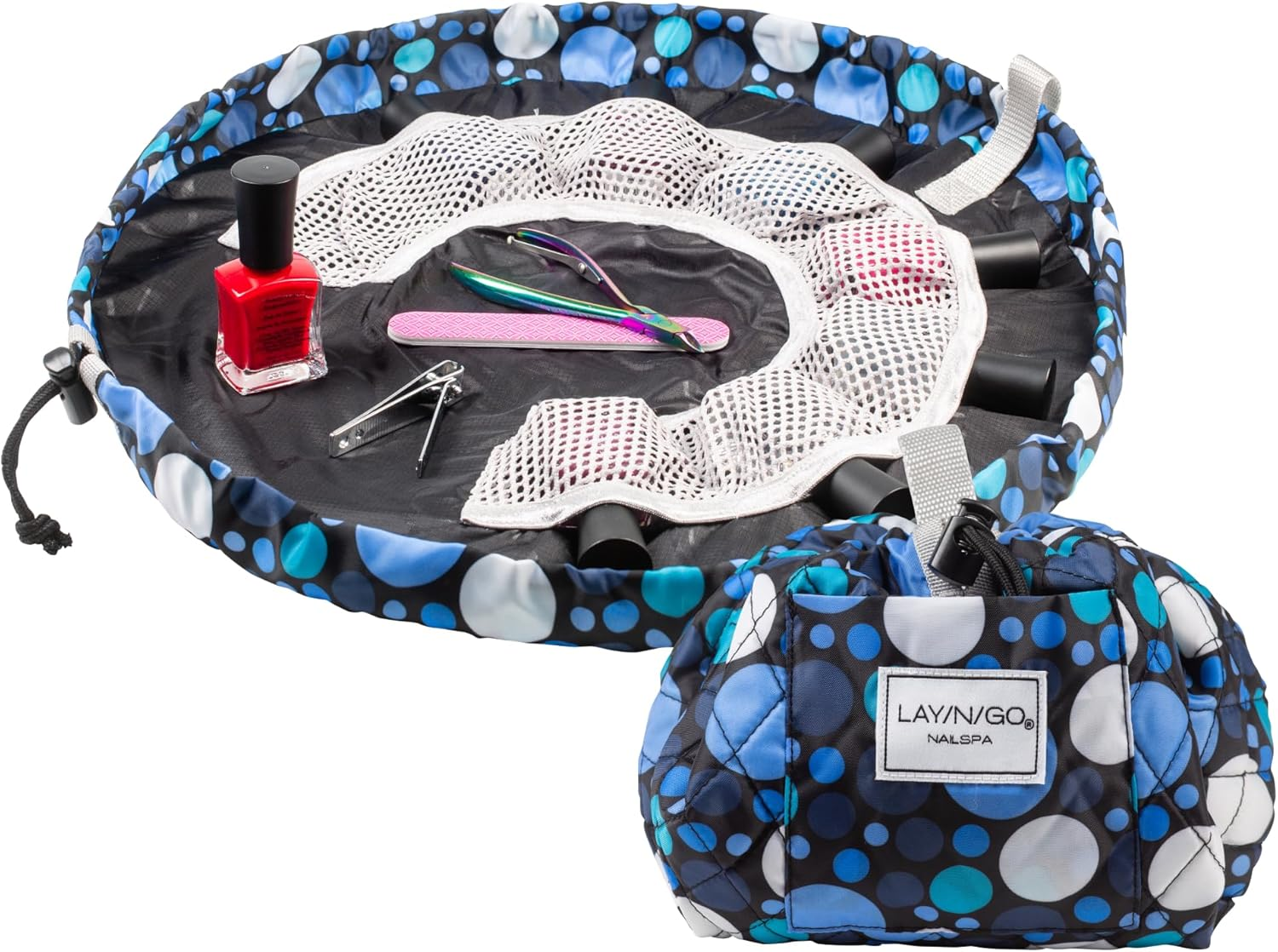 Lay-N-Go Nailspa Drawstring Cosmetic Bag - Portable Nail Supplies Organizer Bag W/ 8 Elastic Mesh Pockets & Circular Center - Durable, Machine Washable Nail Kit Organizer, Dot Calm (Blue), 18 Inch image number 4