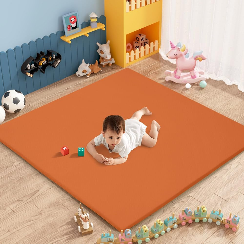 Playpals Thick Baby Play Mat, Soft Vegan Leather Floor Mat with Removable Washable Cover, Wipe Clean Crawling Mat, Non-Slip Soft Play Mat for Infants, Babies, Toddlers, 121X121Cm, Brown-Orange image number 2