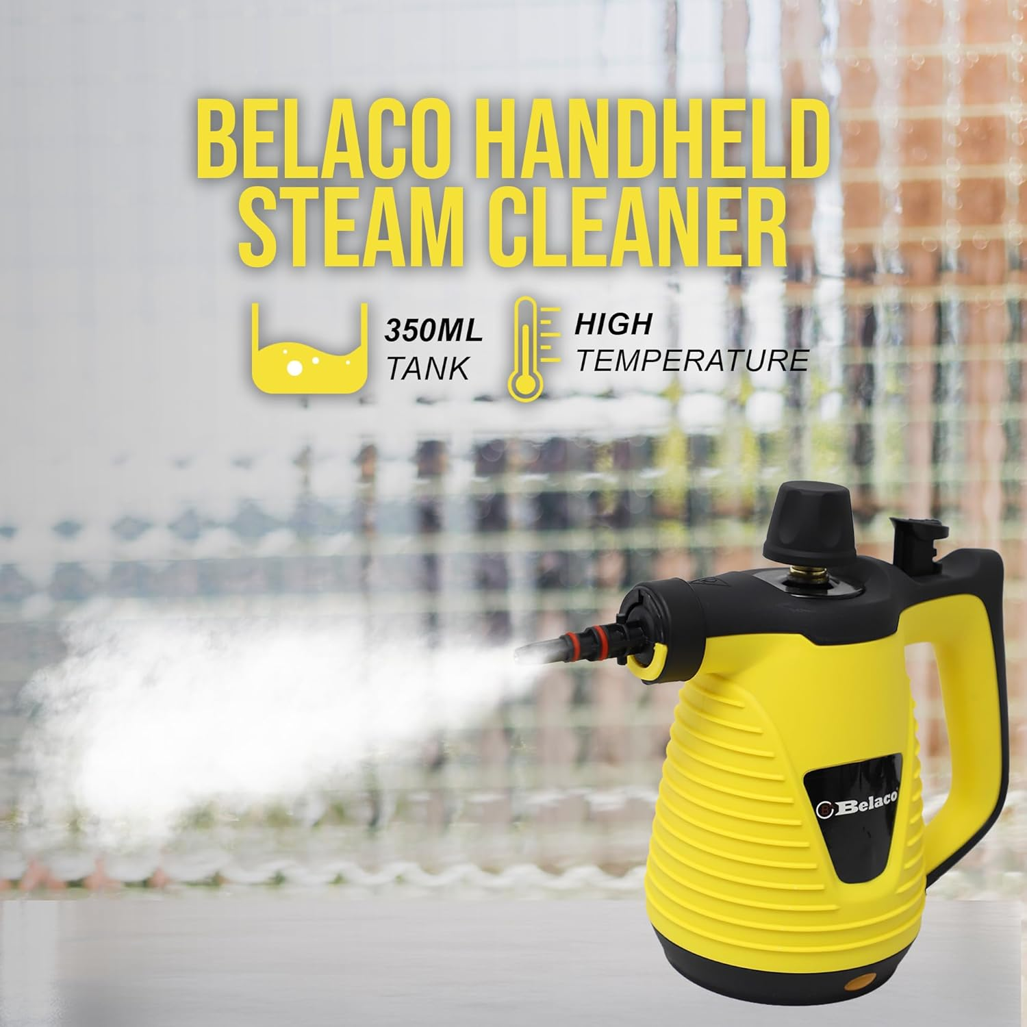 Belaco Multipurpose Steam Cleaner Handheld with 9 Pieces Accessory Kit for Multipurpose Yellow Portable Steamer for Stain Removing Tiles Kitchen Bathroom Garment Car Seats & More 1050W British Plug image number 6