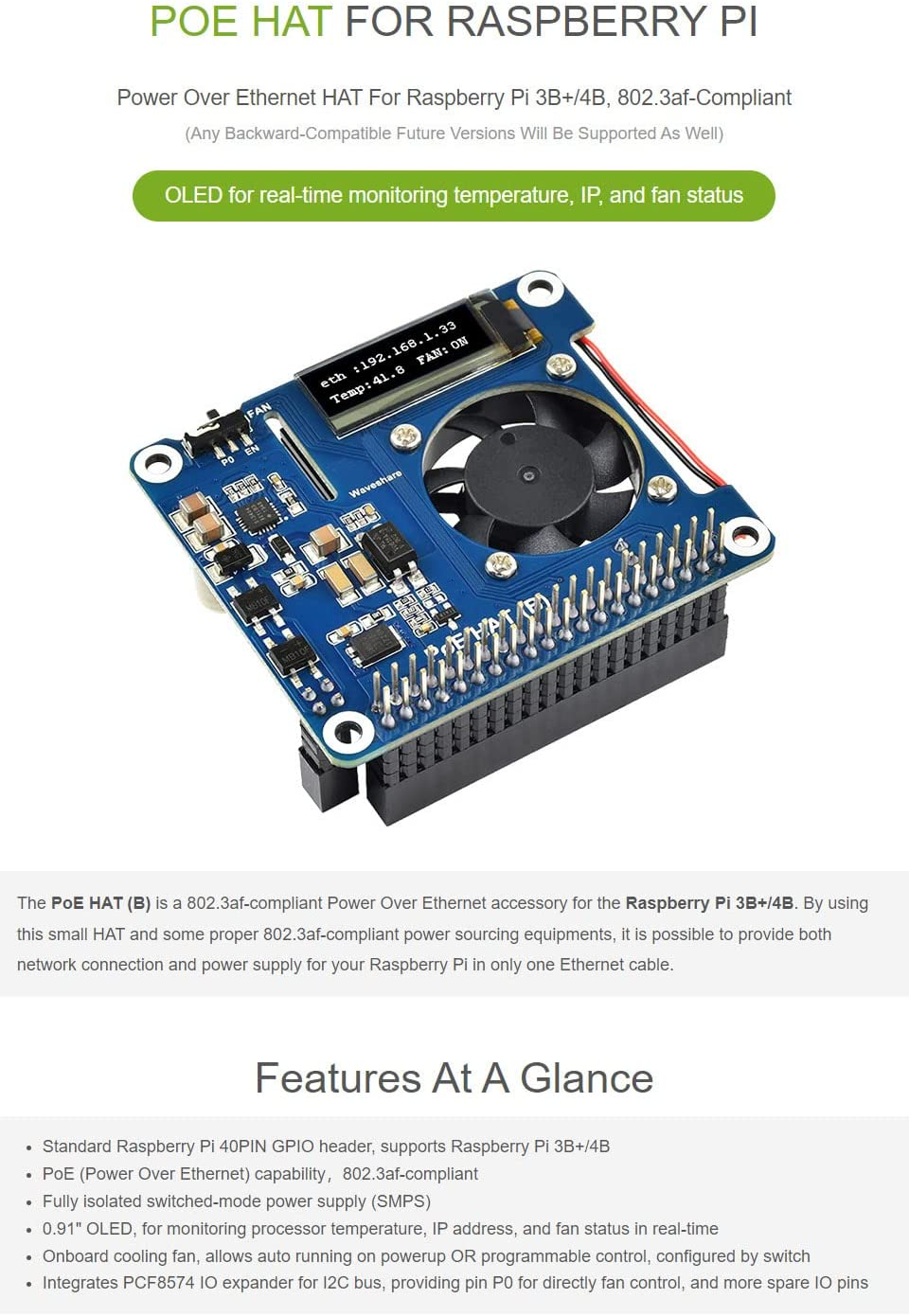 Waveshare POE Hat,Power over Ethernet HAT (Type B) for Raspberry Pi 3B+/4B 802.3Af-Compliant image number 1