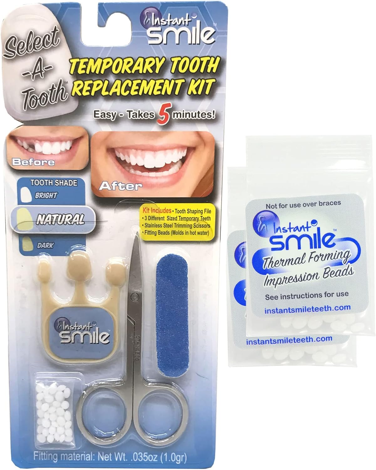 Instant Smile Temporary Tooth Replacement Kit - Natural Shade, with Extra Thermal Fitting Beads image number 1