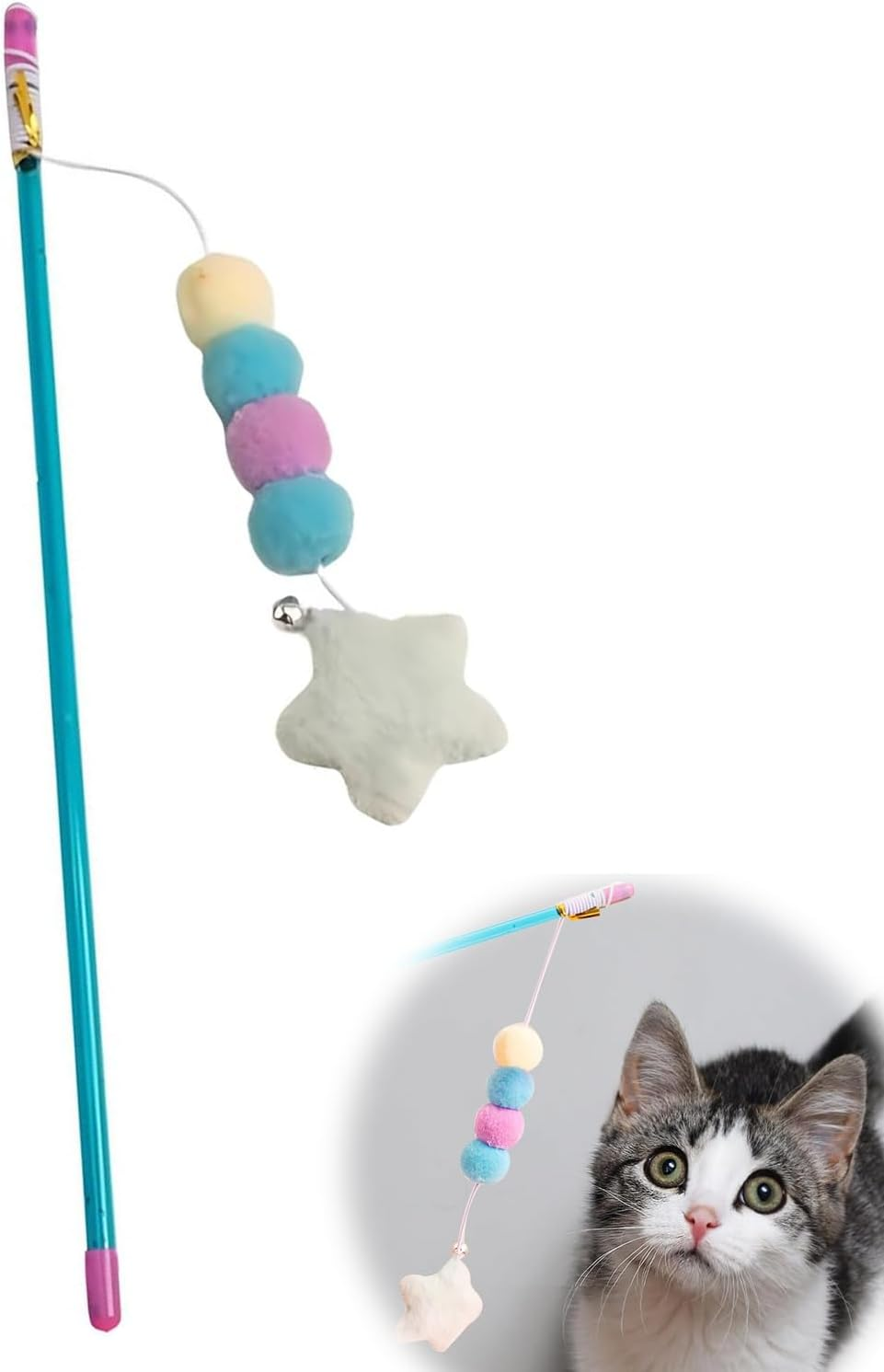 Fokmuaex 1Pcs Blue Cat Teaser Wand Toy with Plush Ball, Bite-Resistant Elastic Rope & Star Pendant - Durable Kitten Toy for Indoor Cats, Stimulates Exercise with Comfortable Grip image number 4