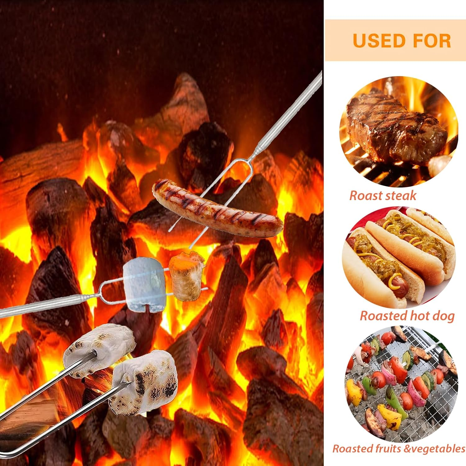 Marshmallow Roasting Sticks,8Pcs Extendable 32Inch Long Metal Barbecue Forks with 10 Kebab BBQ Skewers,Hot Dog Camping BBQ Stick Accessories,Smores Sticks for Fire Pit,Camping,Bonfire and Grill image number 3