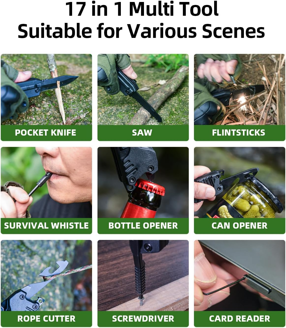 Gifts for Men Camping Accessories Multitool Gadgets for Men 17In1 Fire Start Sticks Saw Screwdrivers Bottle Opener Whistle and More Perfect for Camping Outdoor Survival image number 2