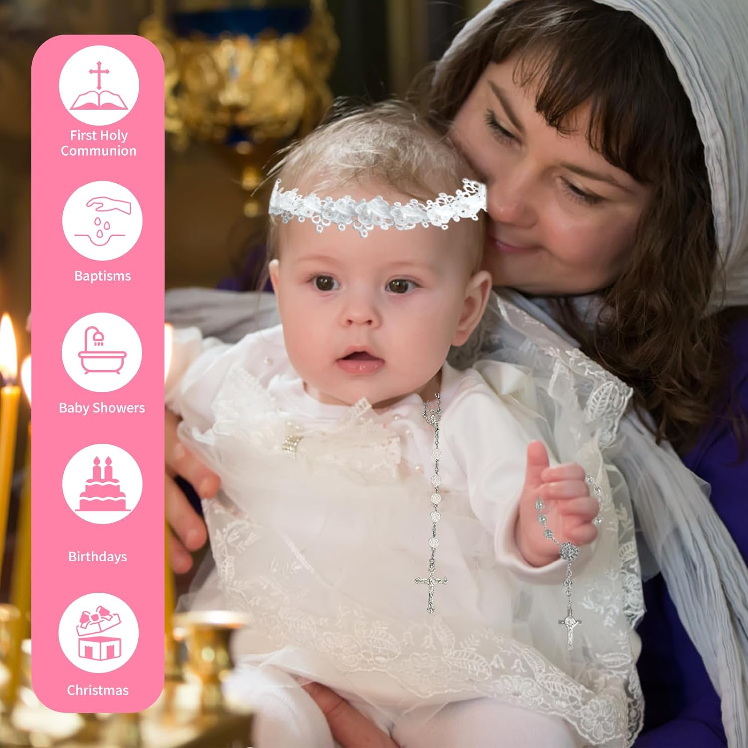 7Pcs Baby Girl Baptism Set, Baptism Socks Pearl Headband Cross Charm Rosary Certificate, Seashell, Holy Water Bottle, First Communion Gift image number 6