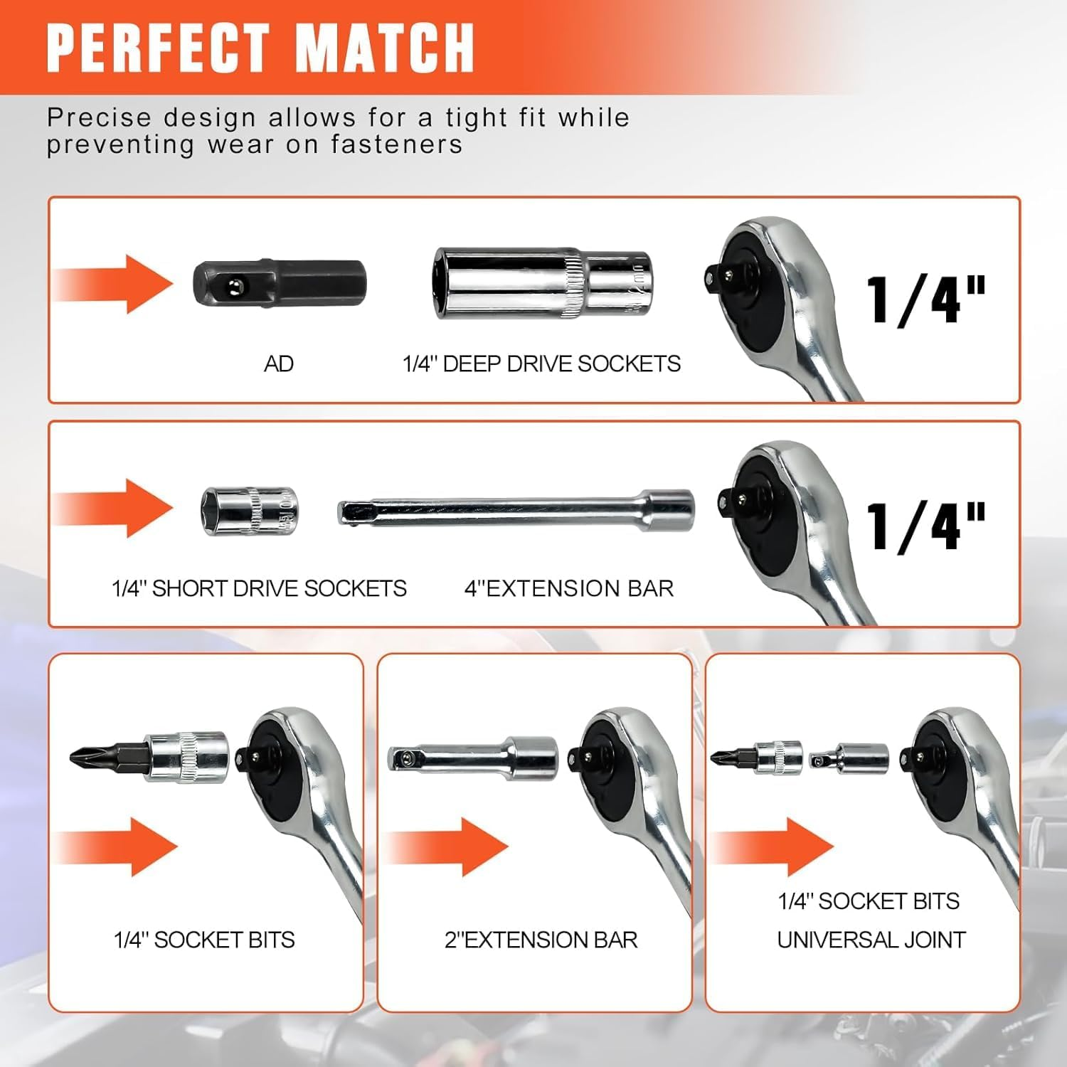 Ratcheting Wrench Set, 53 Pieces 1/4 Inch Drive Socket Ratchet Wrench Tool Set Including Drive Socket Wrench and Extension Bars with Storage Case for Auto Repairing and Household image number 3