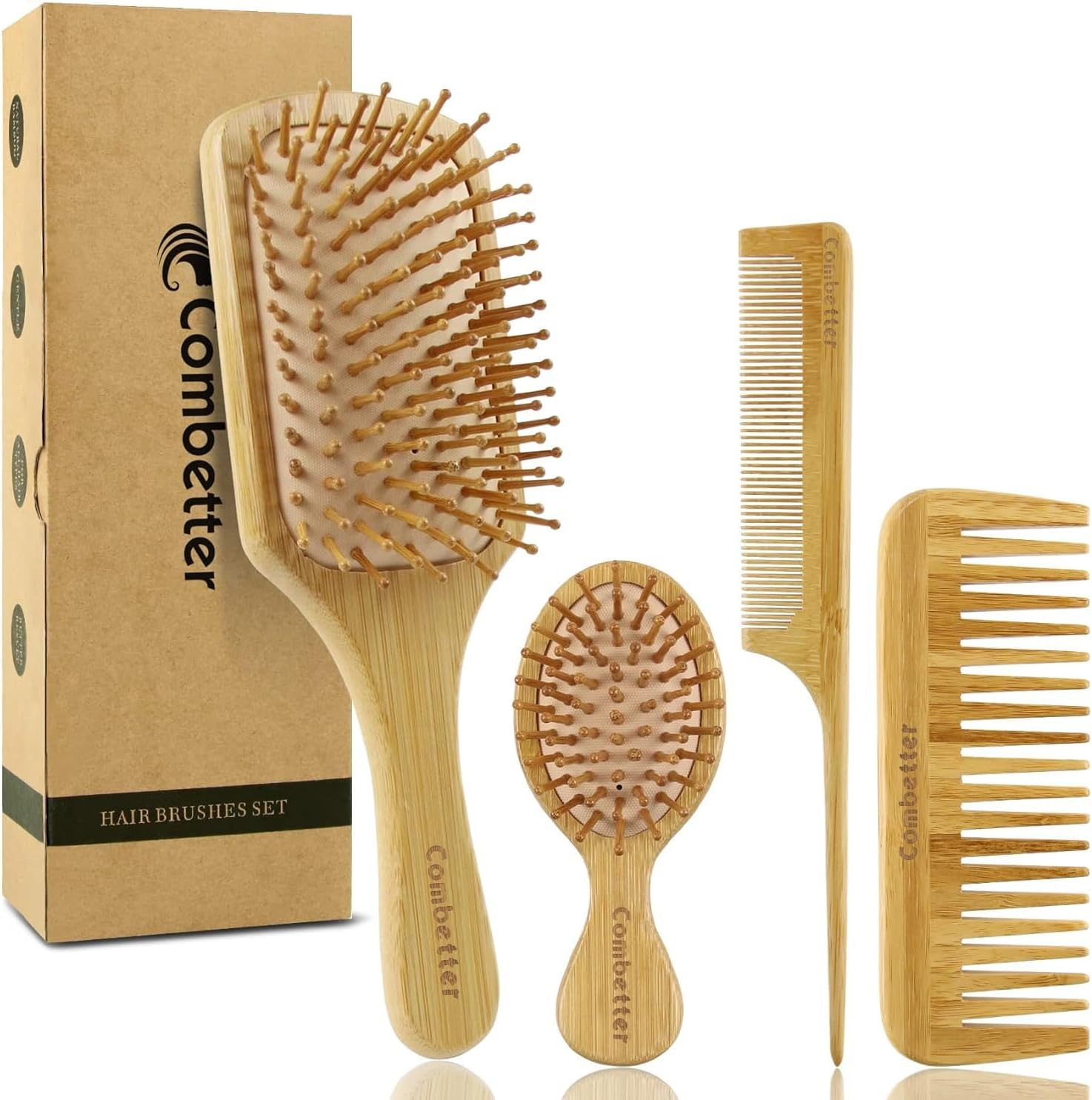 100% Bamboo Hair Brushes and Comb Set by Combetter, Comb for Women and Detangling, Great on All Hair, Eco-Friendly and Handmade for Women Men and Kids image number 3