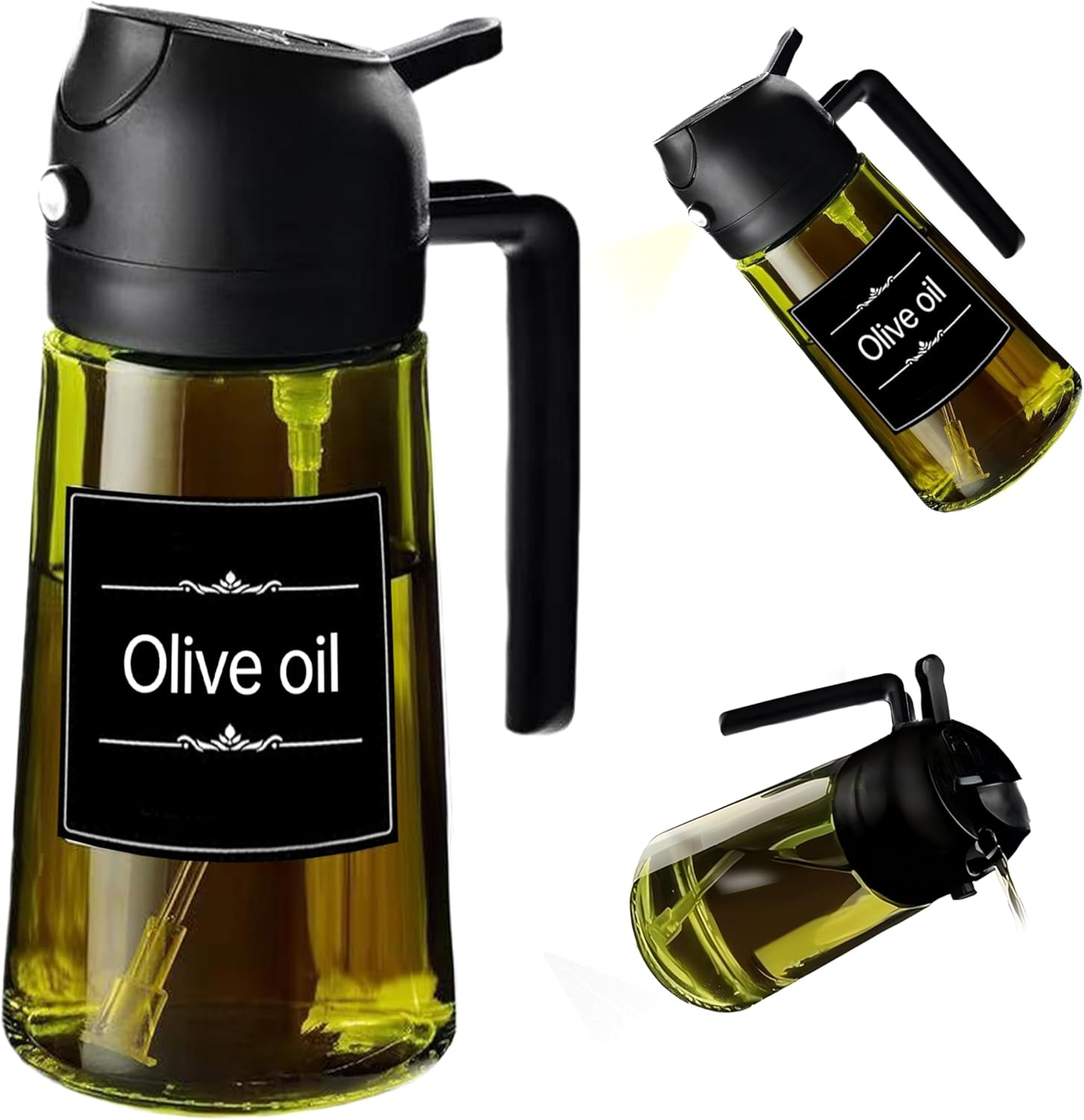 LYCIDAE Oil Sprayer, 2-In-1 Oil Spray Bottle & Dispenser, 16Oz/470Ml Sunlight-Resistant Glass Bottle with Pourer, for Cooking, Salad, Frying, BBQ (470Ml-Black)