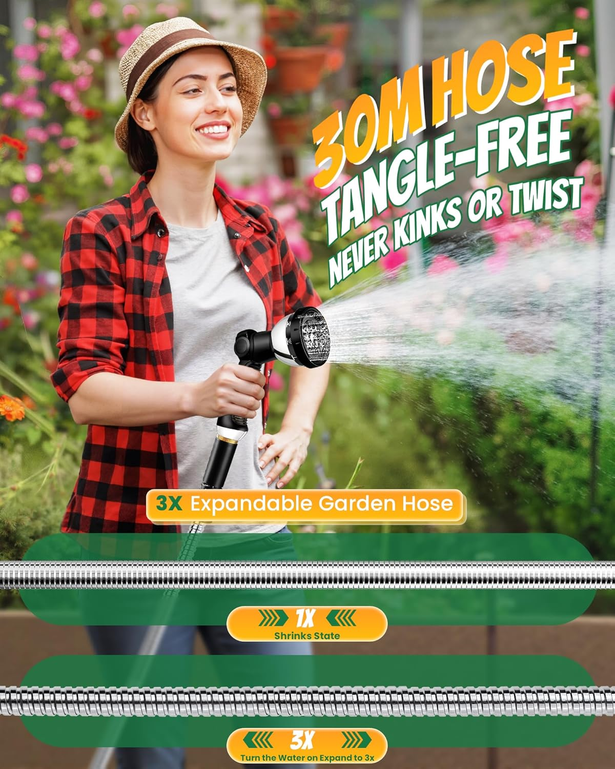 Garden Hose 100FT (30M) - Stainless Steel Water Hoses with 10 Function Spray Nozzle, Lightweight, Heavy Duty & Flexible with Removable Hose Connector for Car Wash, Outdoor, Yard, RV & Garden image number 1