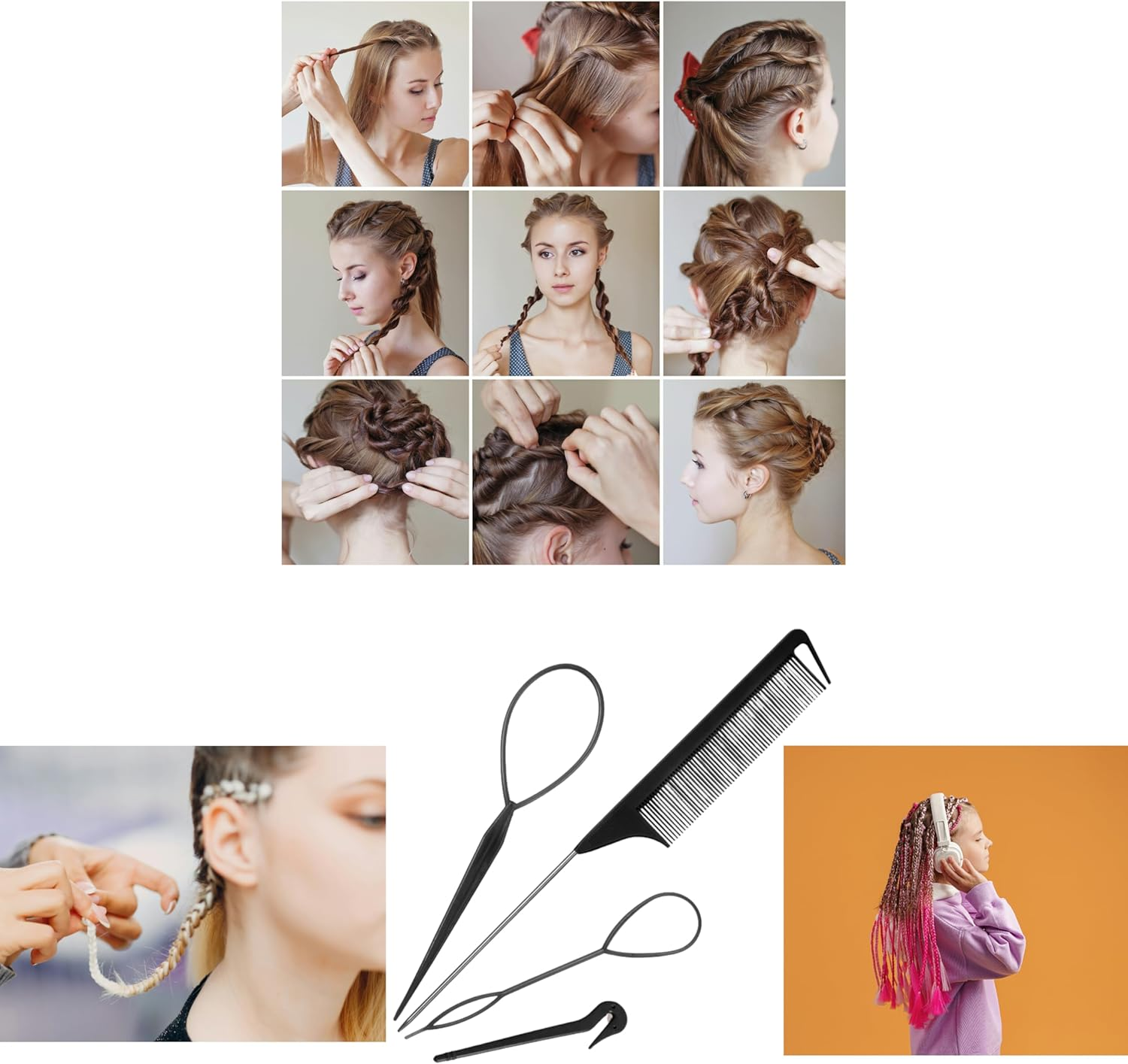 4 Piece Hair Braiding Tool Kit Professional Hair Styling Set for Perfect Braids, Includes Hook, Comb, Clips, and Accessories Ideal for Beginners and Expert (Black)