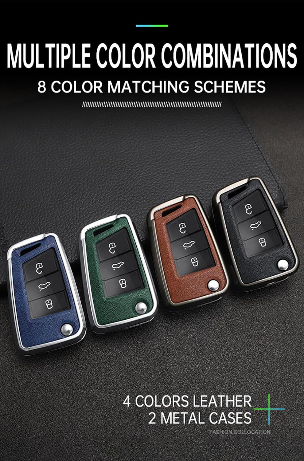 Ontto Alloy Car Key Fob Cover Fit for VW Golf 7 Ateca Arona MK6 MK7 Polo Jetta Fabia Tiguan Touran Toledo for Skoda Seat Leon Ibiza Octavia Flip Leather Key Case Keyring Key Shell Holder Bag Keychain - Black-Borwn image number 3