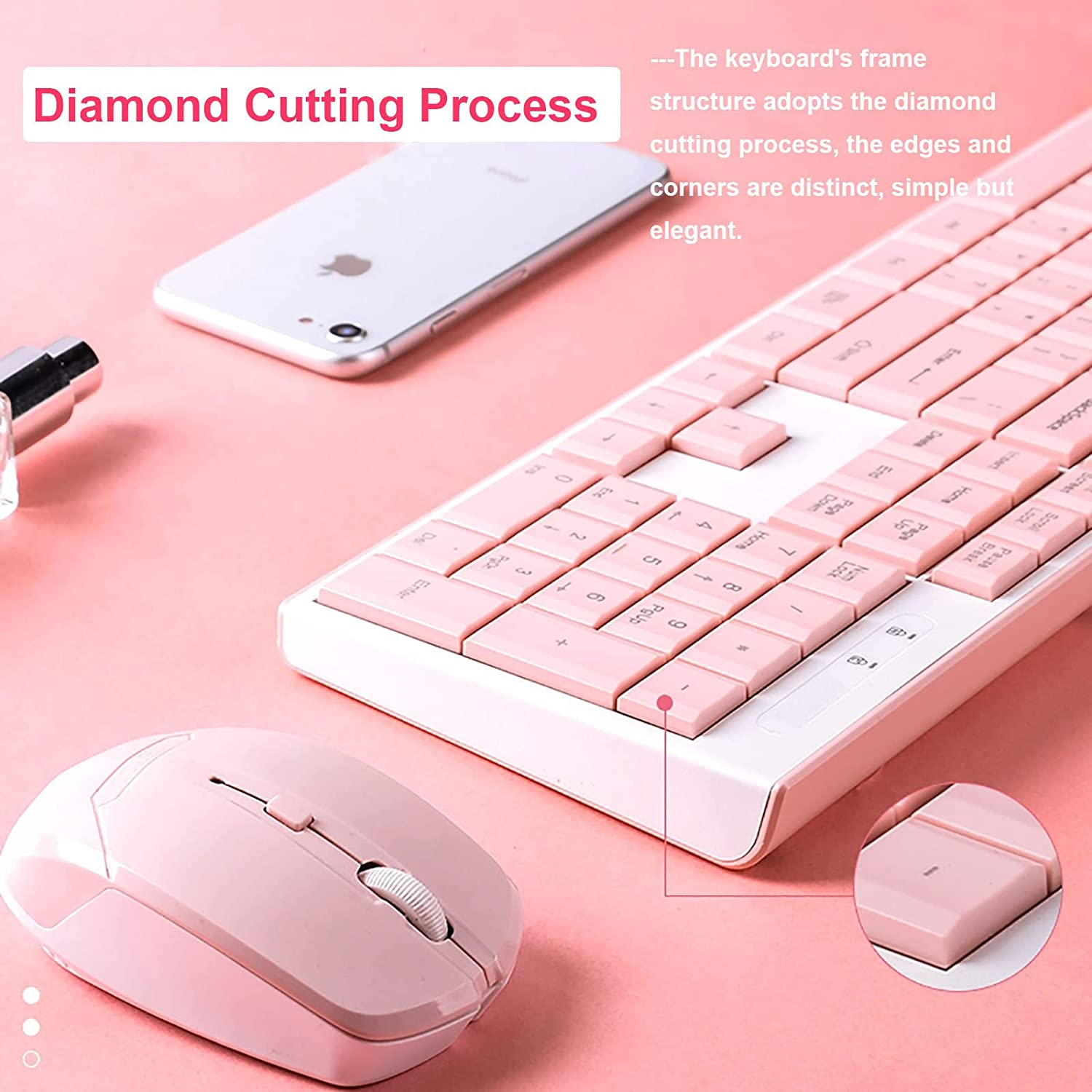 Wireless Keyboard Mouse Combo, Full Sized 2.4G Cordless Keyboard with Silent Chocolate Keys Multimedia, Ultra-Thin Cute Keyboard and 1600Dpi Mouse Set for Computer PC Laptop (Pink)