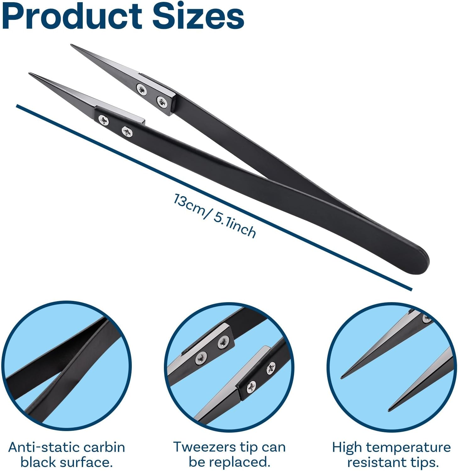 MMOBIEL 3Pcs Set Ceramic Tip Soldering Tweezers Heat Resistant 1600 C/3000 F for Electronics Repair, Jewelry, Computer, Laboratory Soldering Work Etc. - Black image number 3