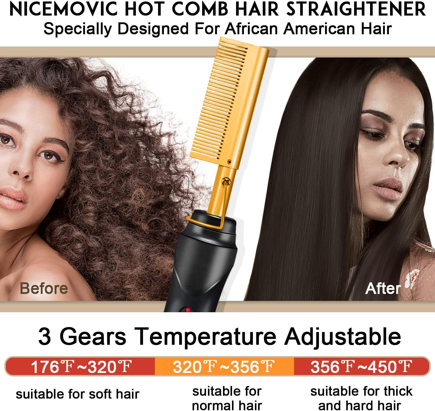 NICEMOVIC Ceramic Heating Hair Straightener Comb - Hot Pressing Brush for Natural Black Hair, Beard Wigs, and Curling (Gold) image number 1