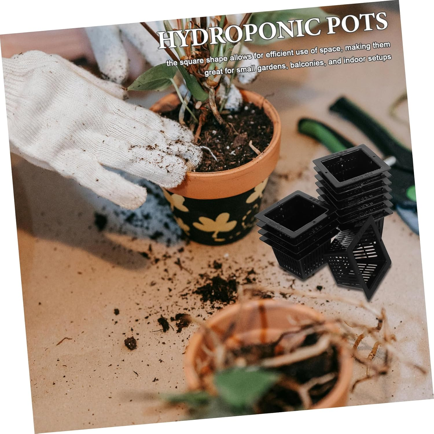 BEBEMOKO 12Pcs Black Square Hydroponic Planter Pots for Indoor and Outdoor Gardening, Plastic Mesh Net Nursery Containers for Succulents and Leafy Vegetables, Sturdy Filter Plant Cups image number 4