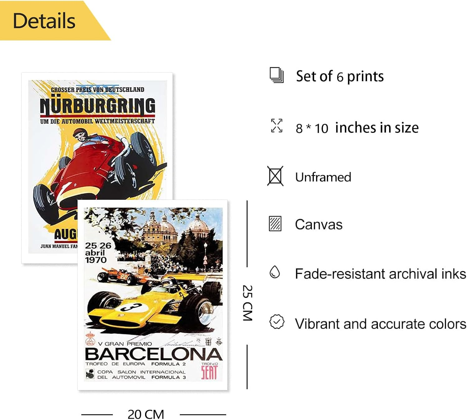 ZIENVE Formula Racing Posters Wall Art Prints, Set of 6 Vintage F1 Car Racing Pictures Canvas Wall Art Room Bedroom Decor, 20 X 25Cm Unframed